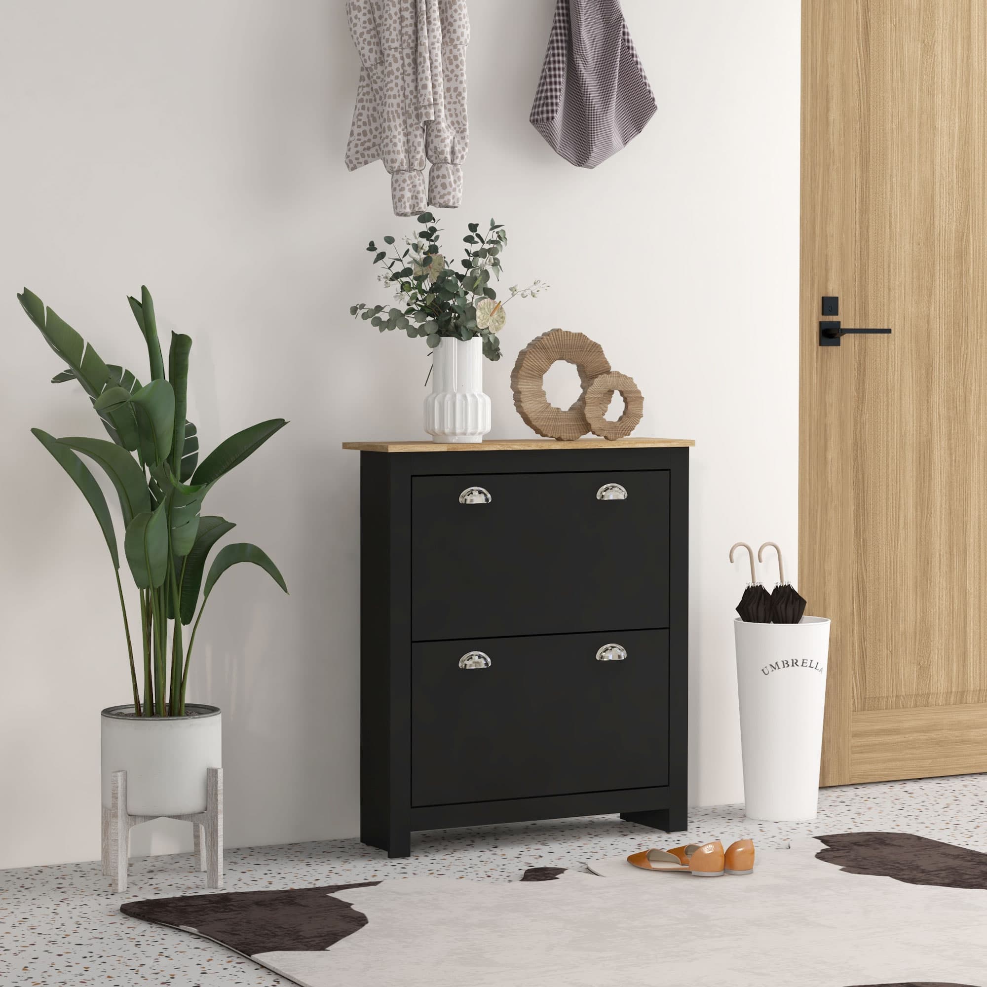 Slim Black Shoe Cabinet with Tipping Doors and Oak-Effect Top - image 5