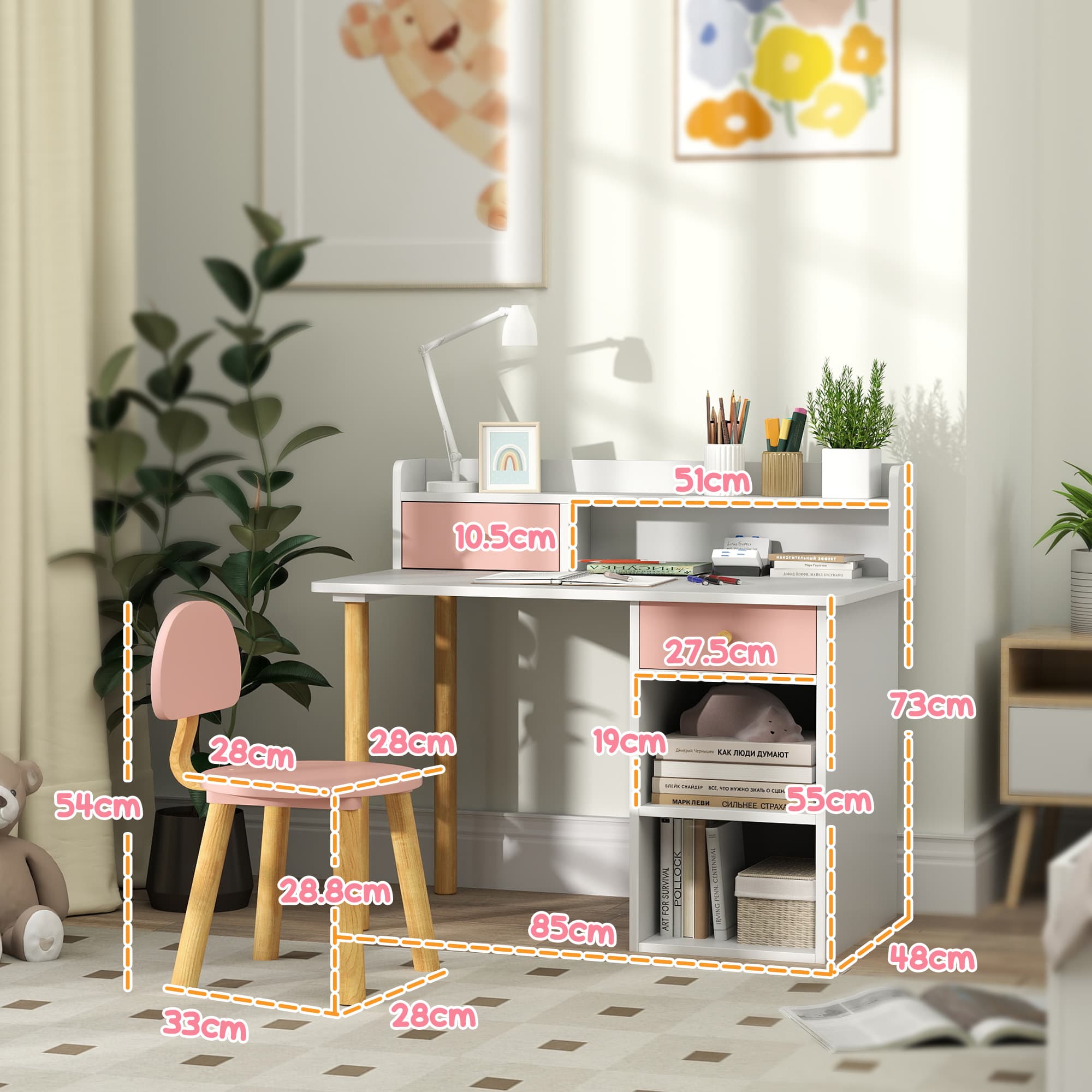 Inspiring Pink Kids Desk and Chair Set with Storage Hutch - image 5