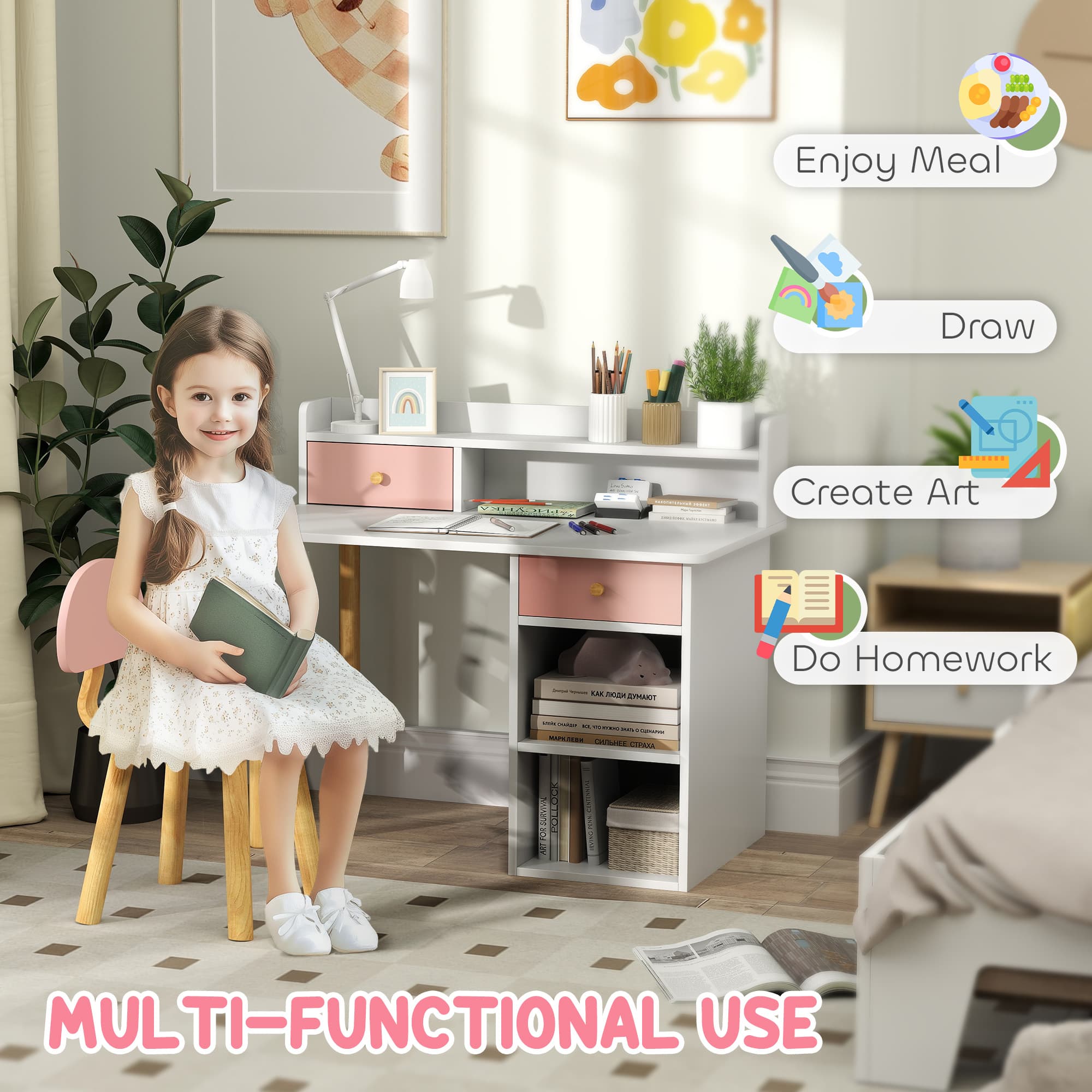 Inspiring Pink Kids Desk and Chair Set with Storage Hutch - image 4