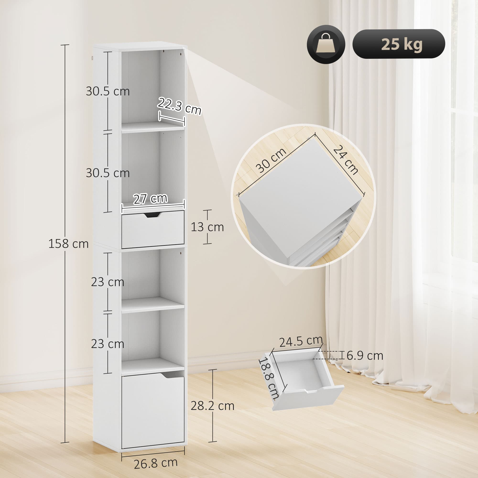 Slim White Bookcase with Shelves, Drawer and Cupboard - image 7