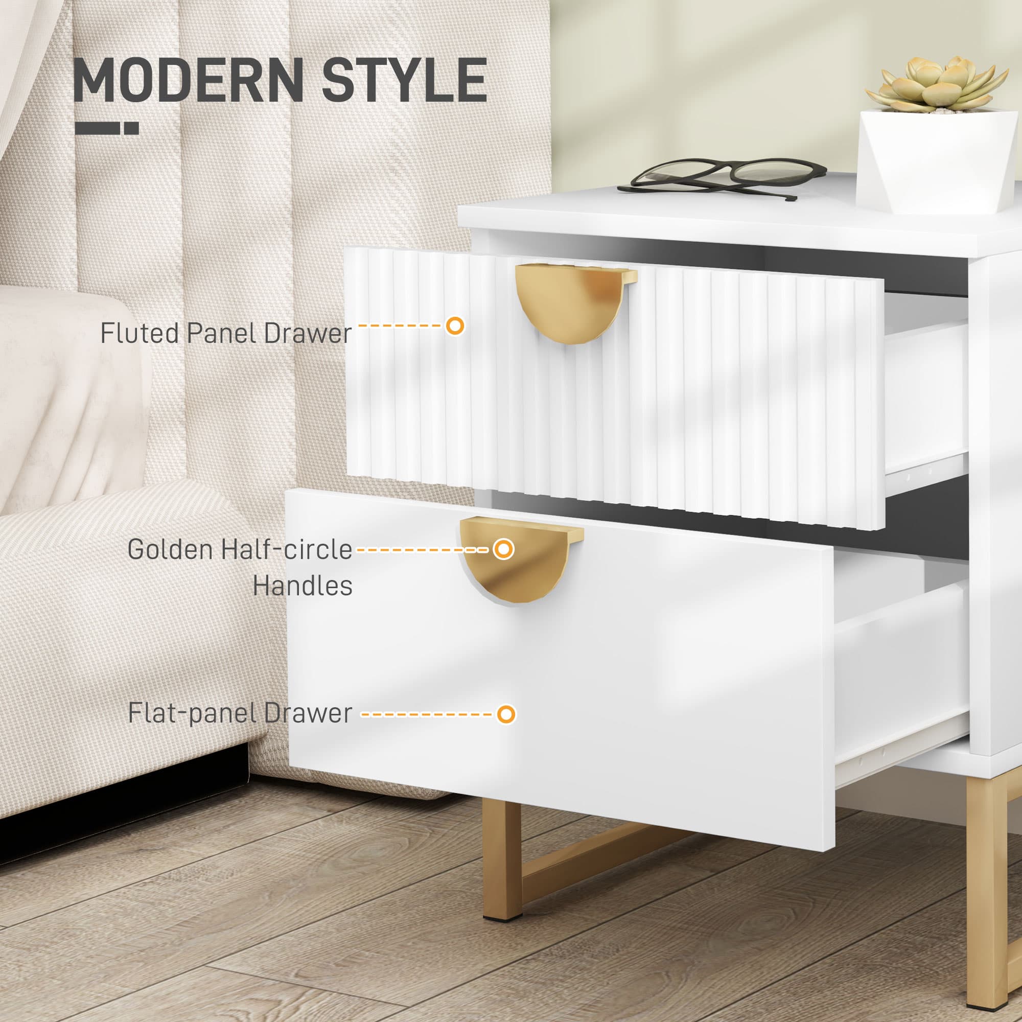 White Two-Drawer Bedside Table with Gold Handles - image 8