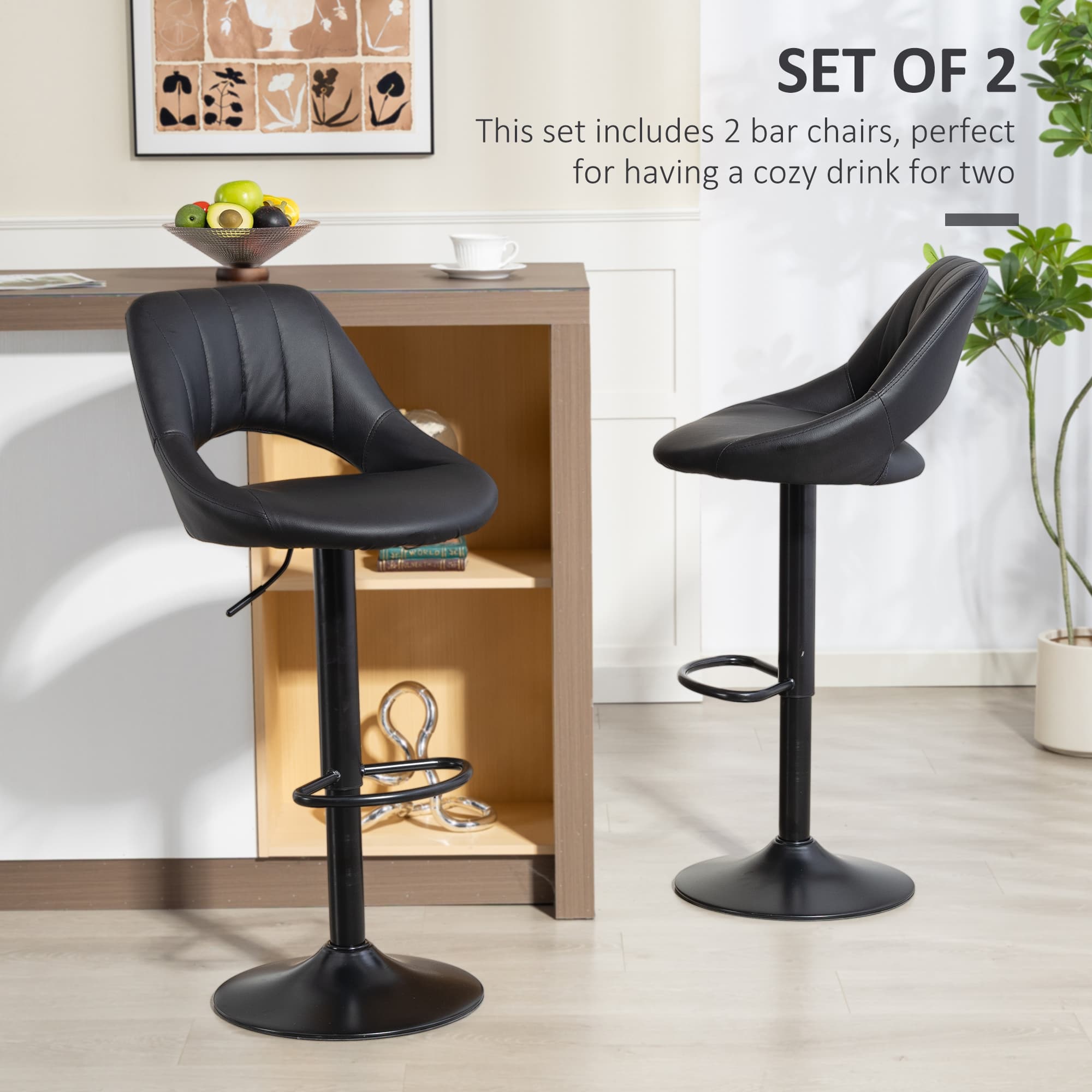 Set of Two Adjustable Black Faux Leather Swivel Bar Stools - image 1