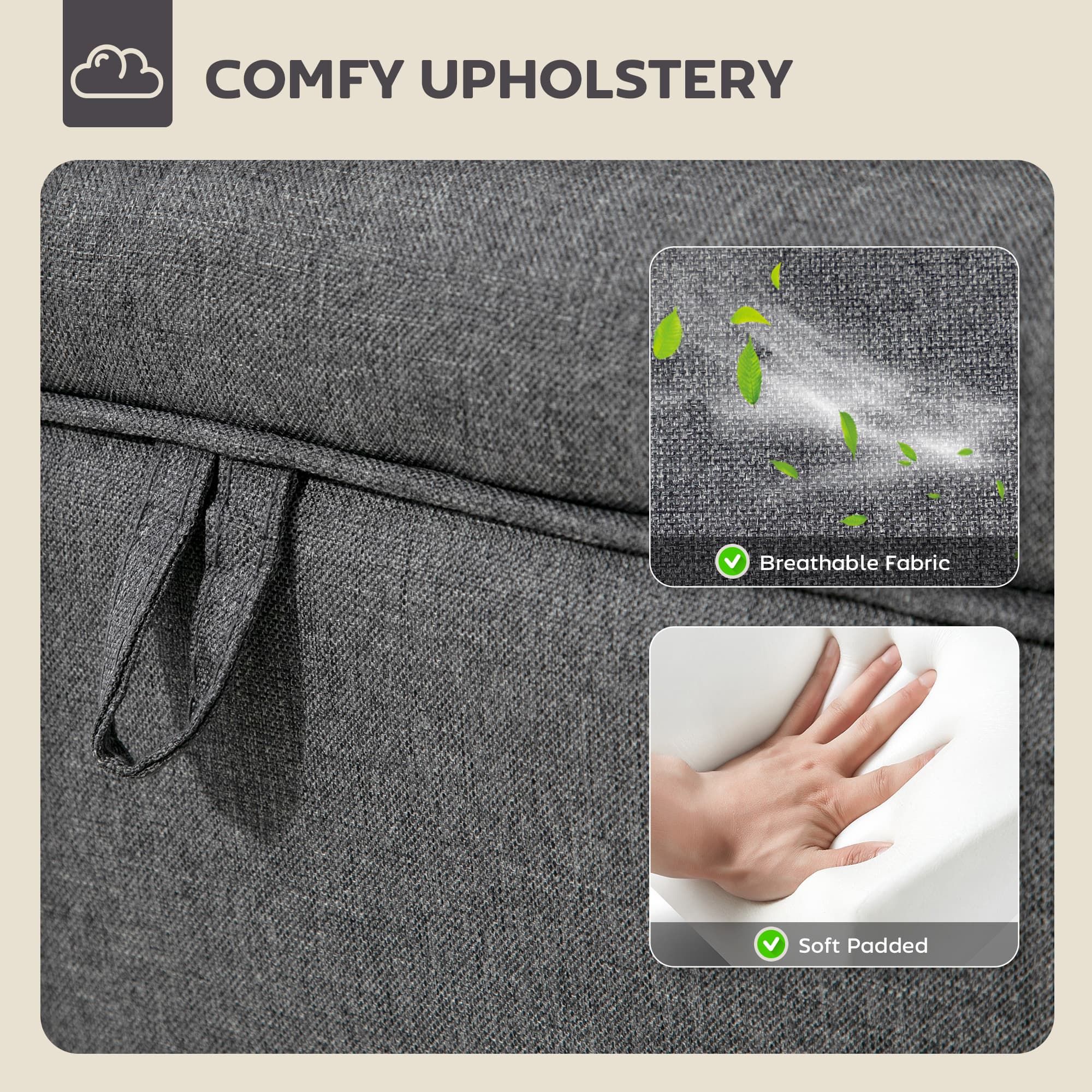 Charcoal Grey Linen-Look Storage Ottoman & Padded Footstool - image 4