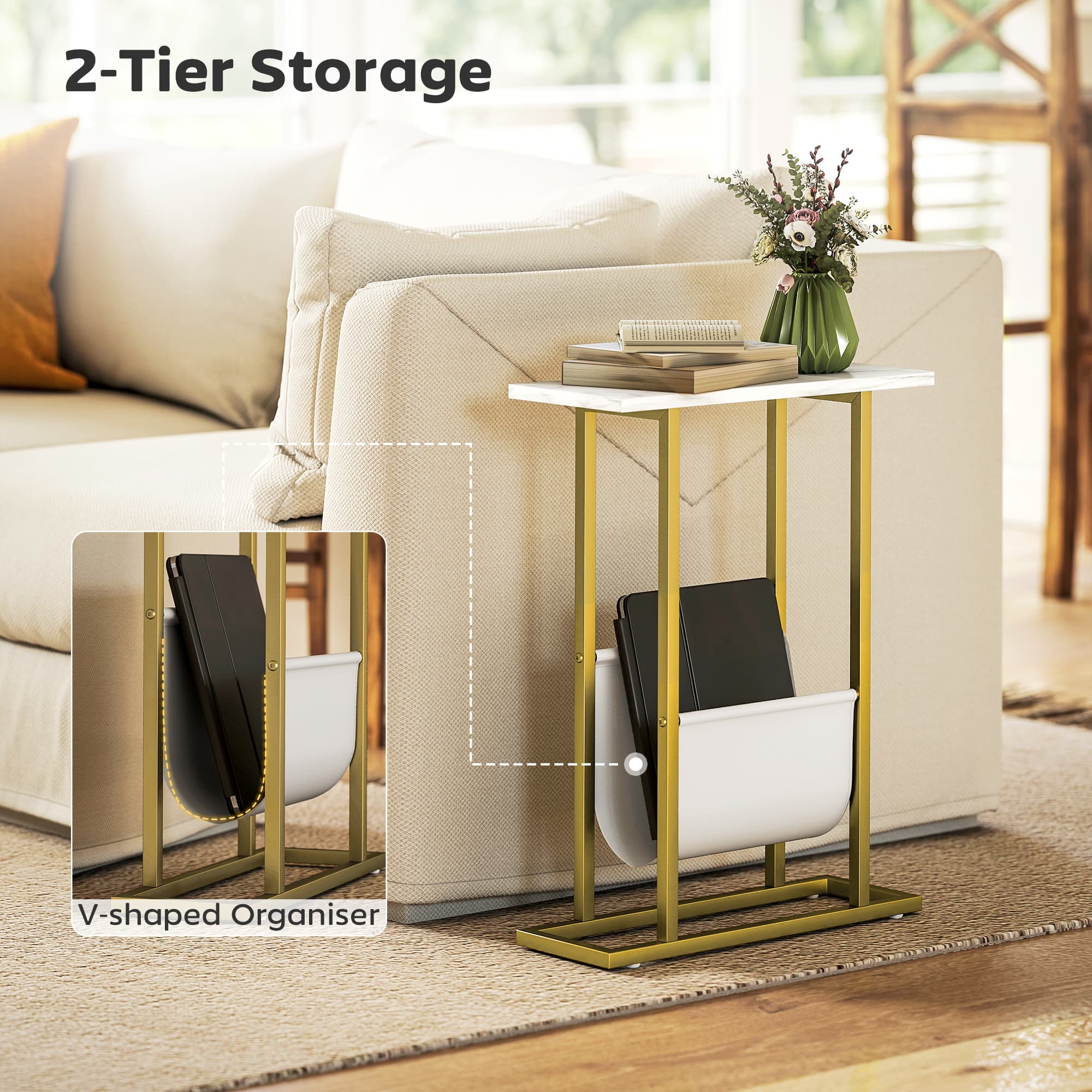 Slim Side Table with Marble Top, Gold Frame and Magazine Holder - image 7
