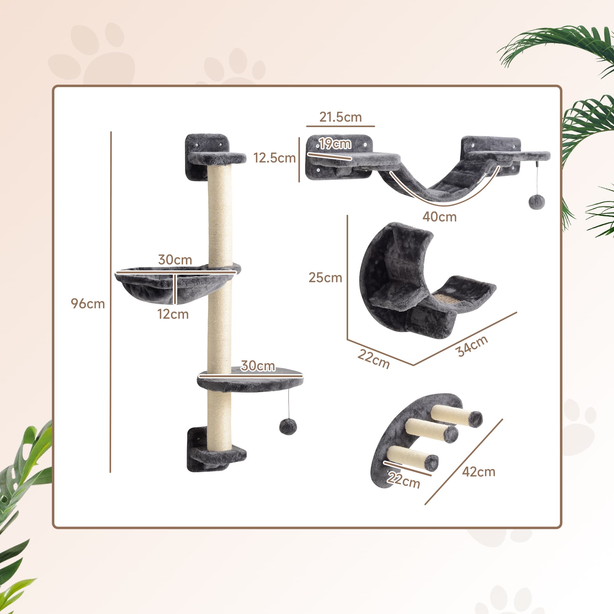Four-Piece Cat Wall Climbing Set in Dark Grey Plush - image 6