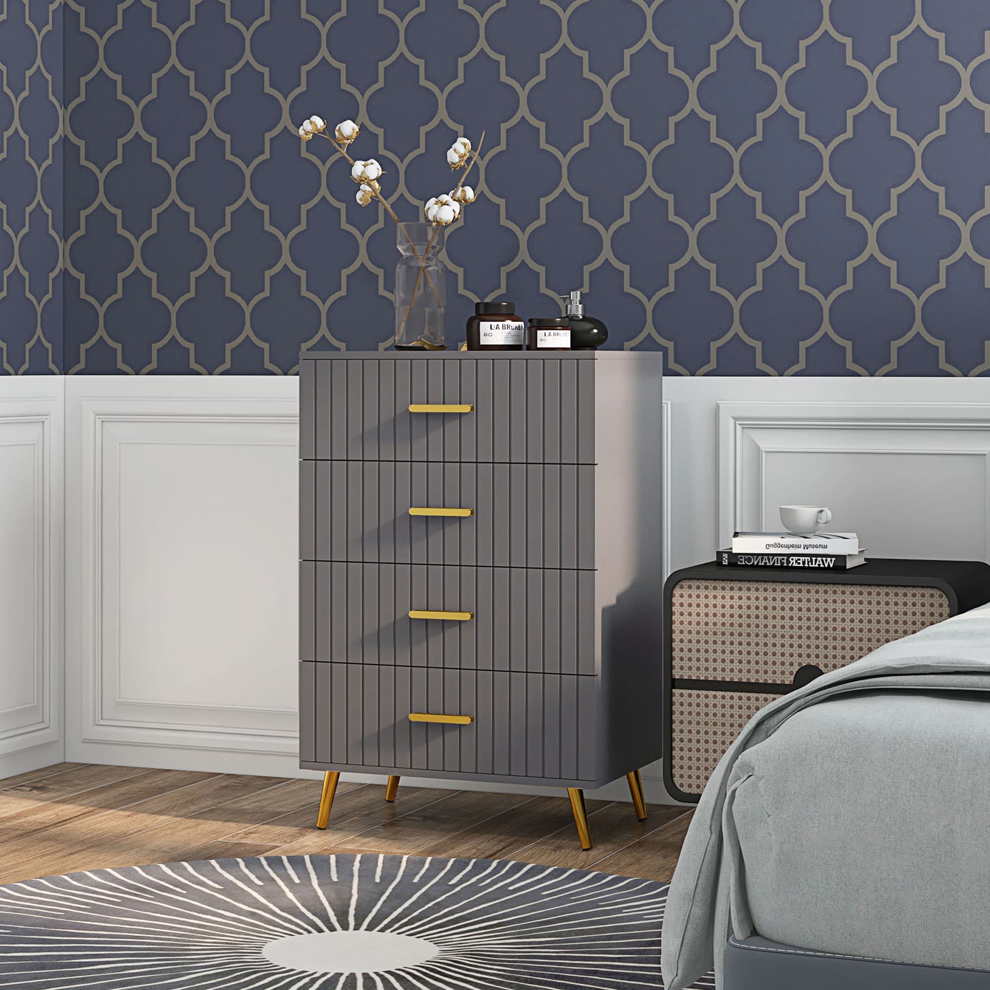 Grey Chest of Drawers with Ribbed Fronts and Gold Handles - image 3