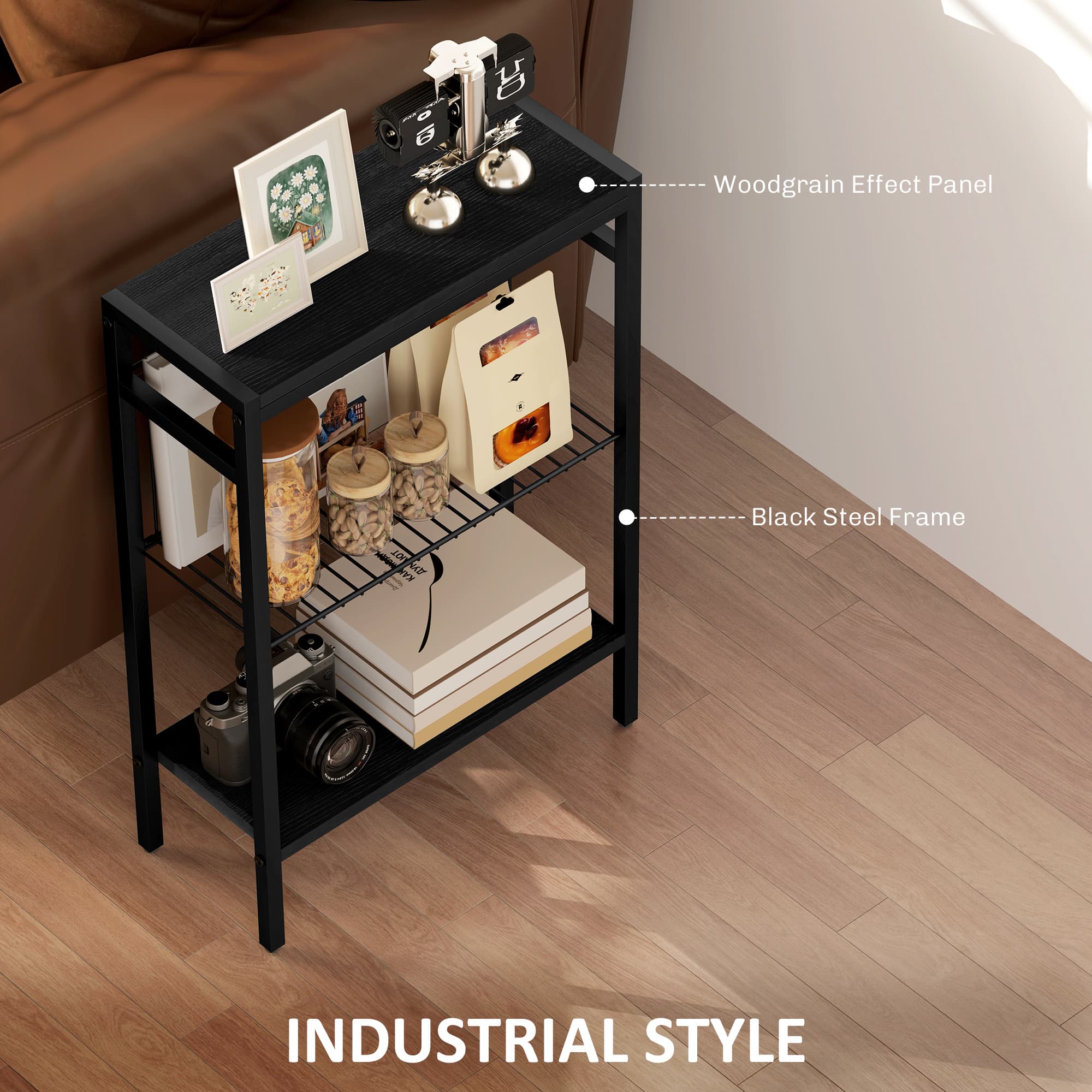Slim Black Industrial Side Table with Three Shelves - image 7