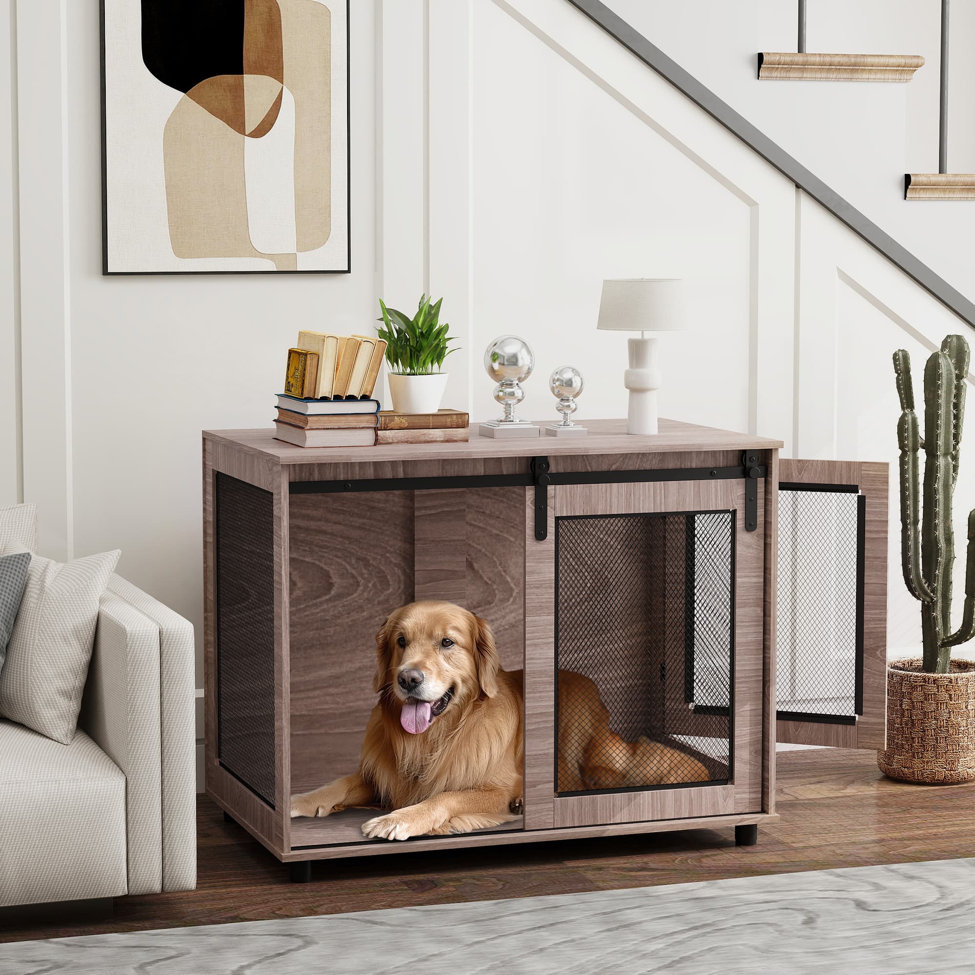 Furniture-Style Dog Crate with Barn Door for Large Dogs - image 2