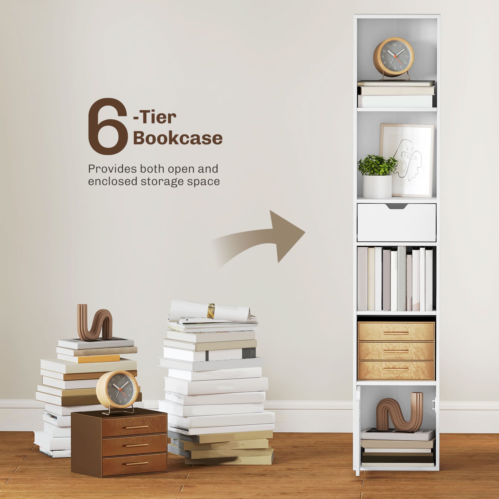 Slim White Bookcase with Shelves, Drawer and Cupboard - image 6