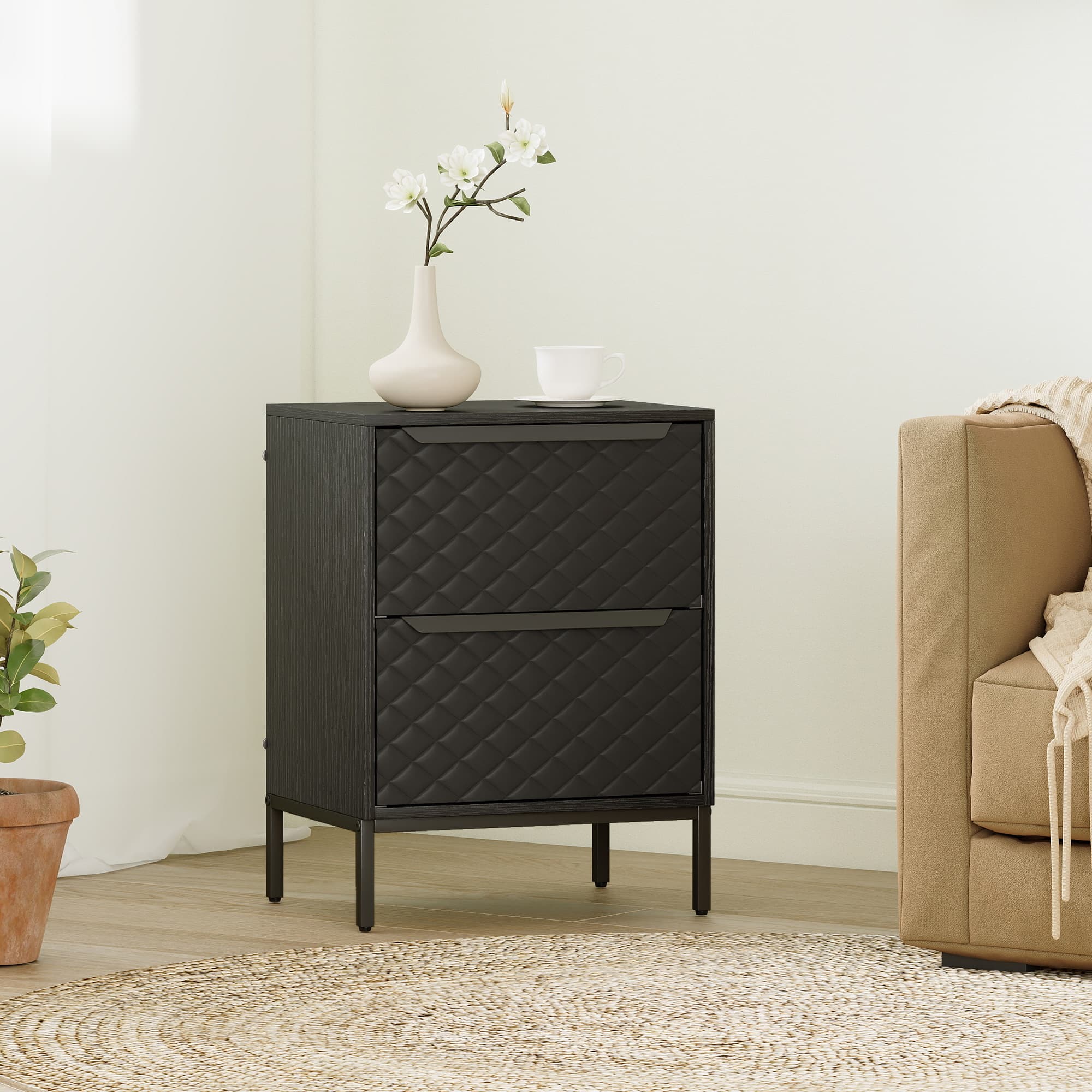 Compact 2-Drawer Chest in Black with Diamond-Pattern Fronts - image 2