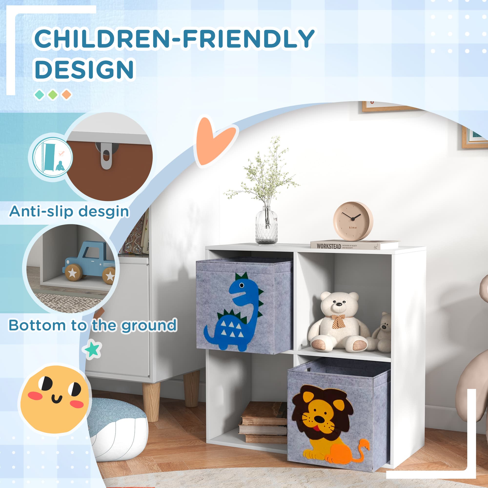 White Kids 4-Cube Toy Storage Unit with Fabric Animal Boxes - image 6