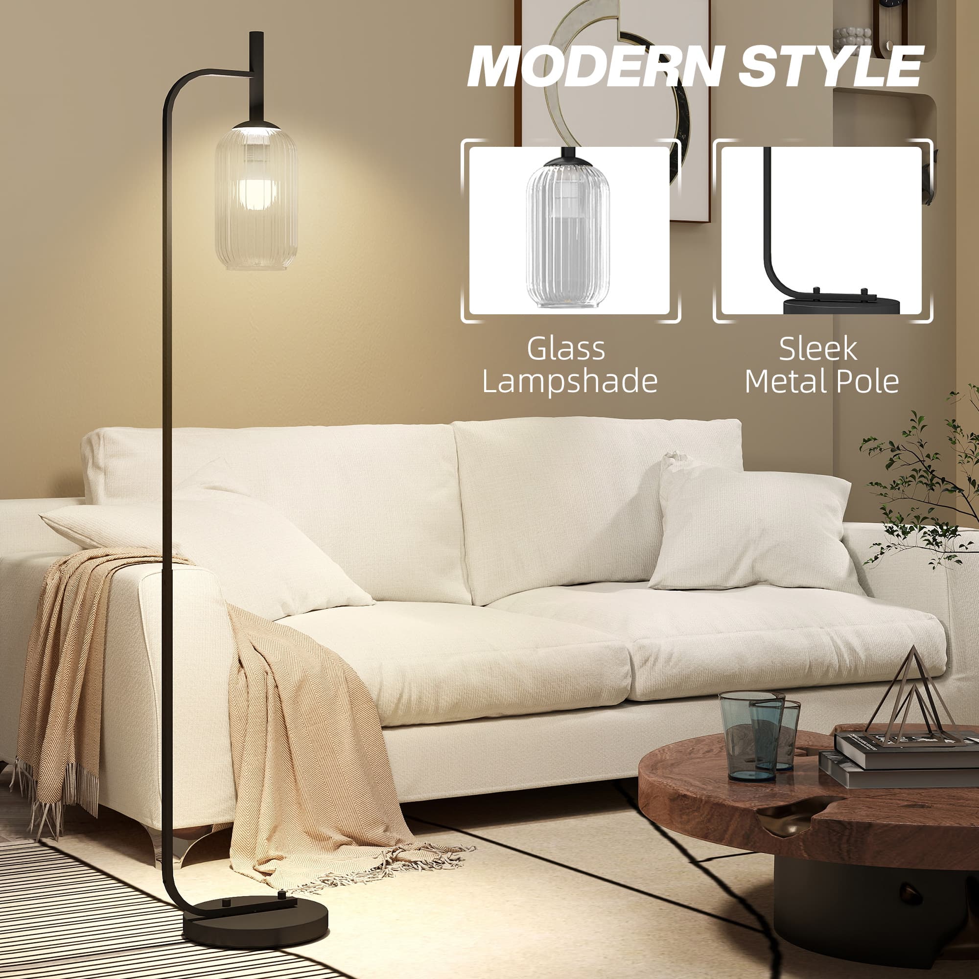 Black Floor Lamp With Cylindrical Ribbed Glass Shade - image 1