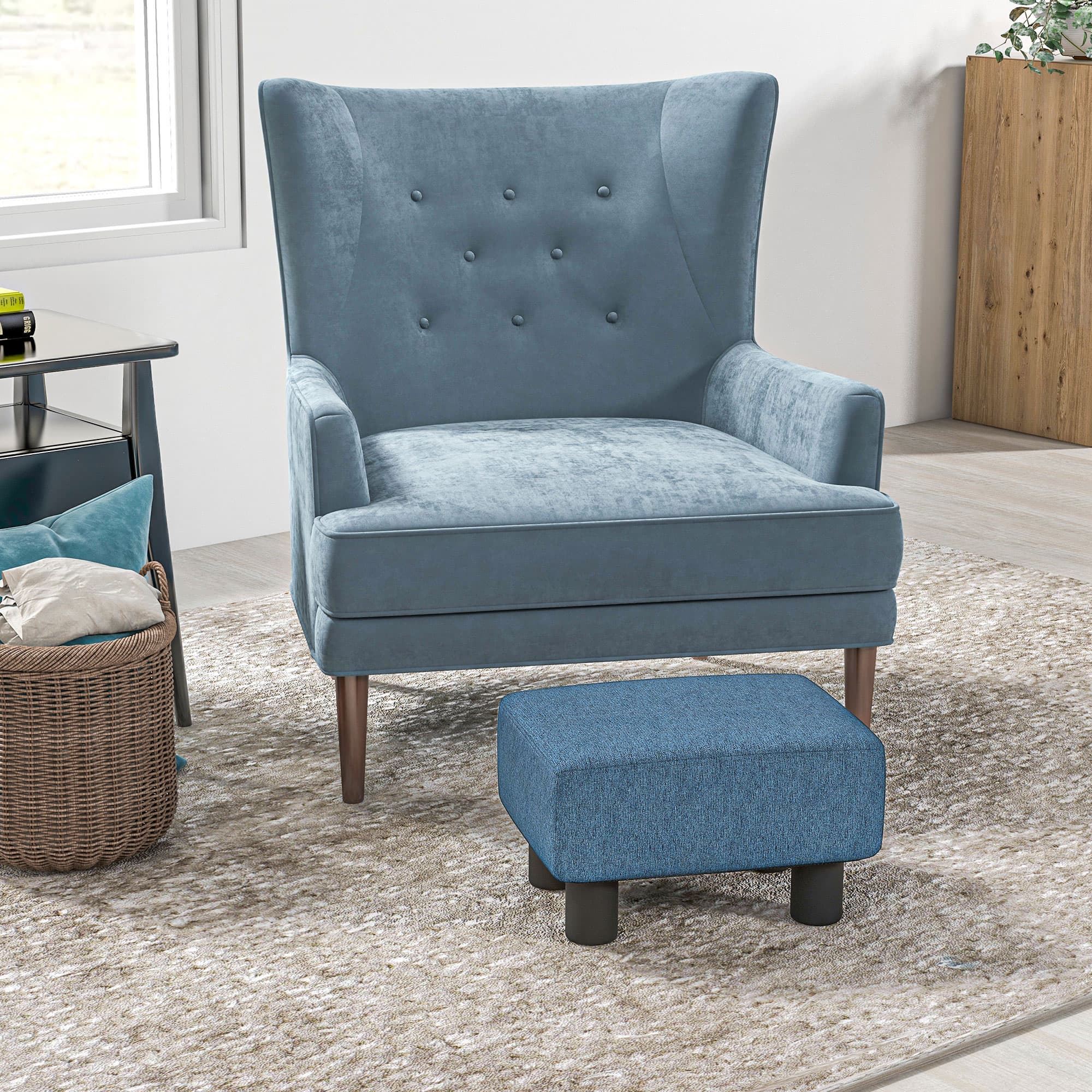 A compact blue footstool with linen upholstery and foam padding - image 5