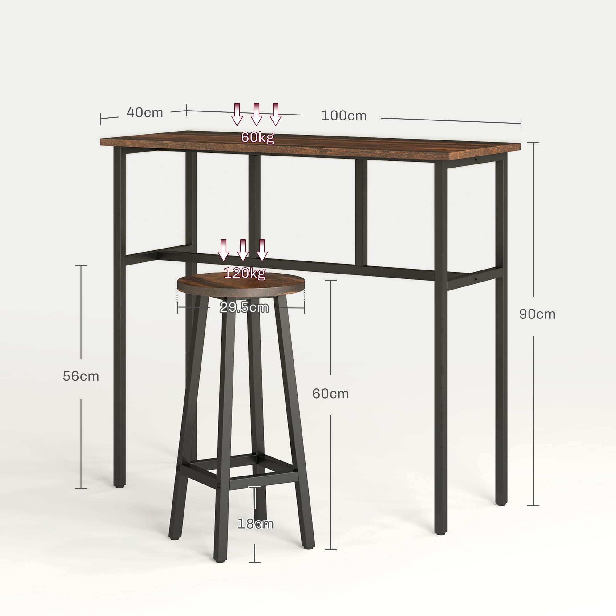 Bar Table and Stool Set for Small Kitchens, Rustic Brown - image 4