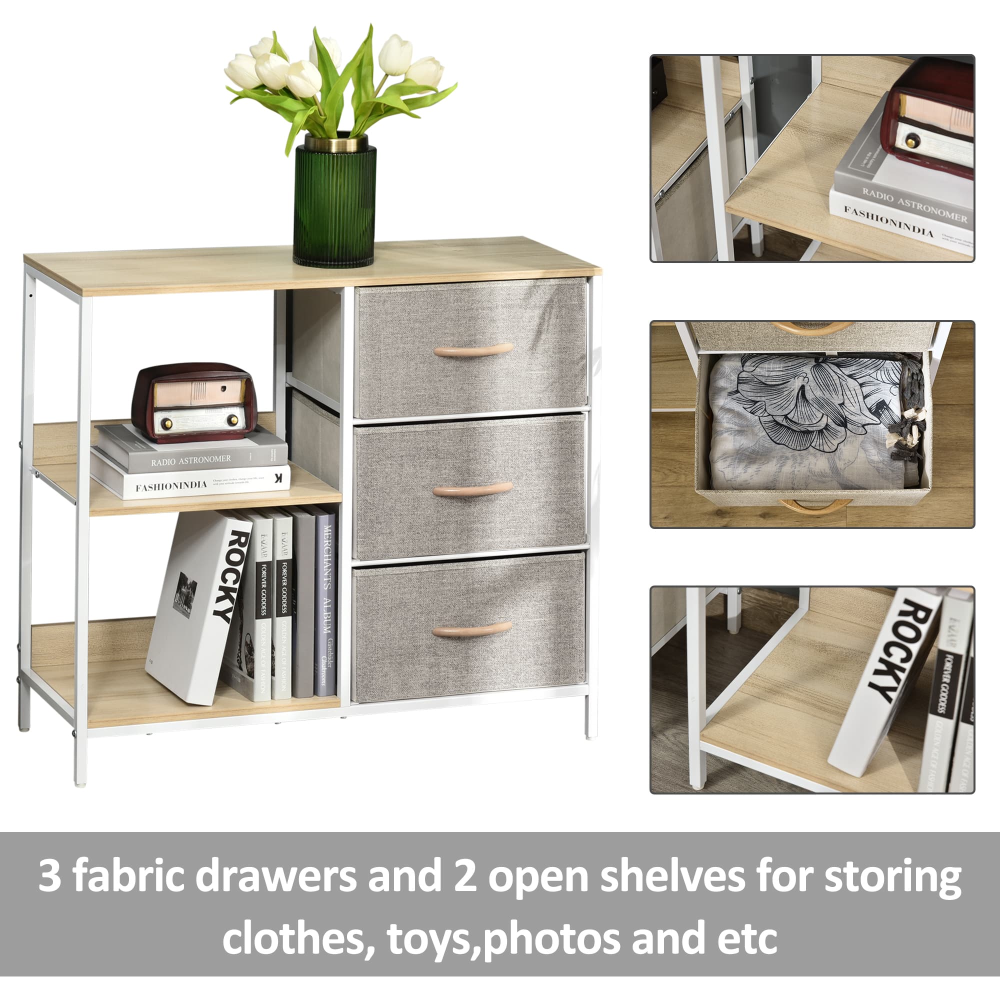Storage Unit with 3 Fabric Drawers and Open Shelves - image 9