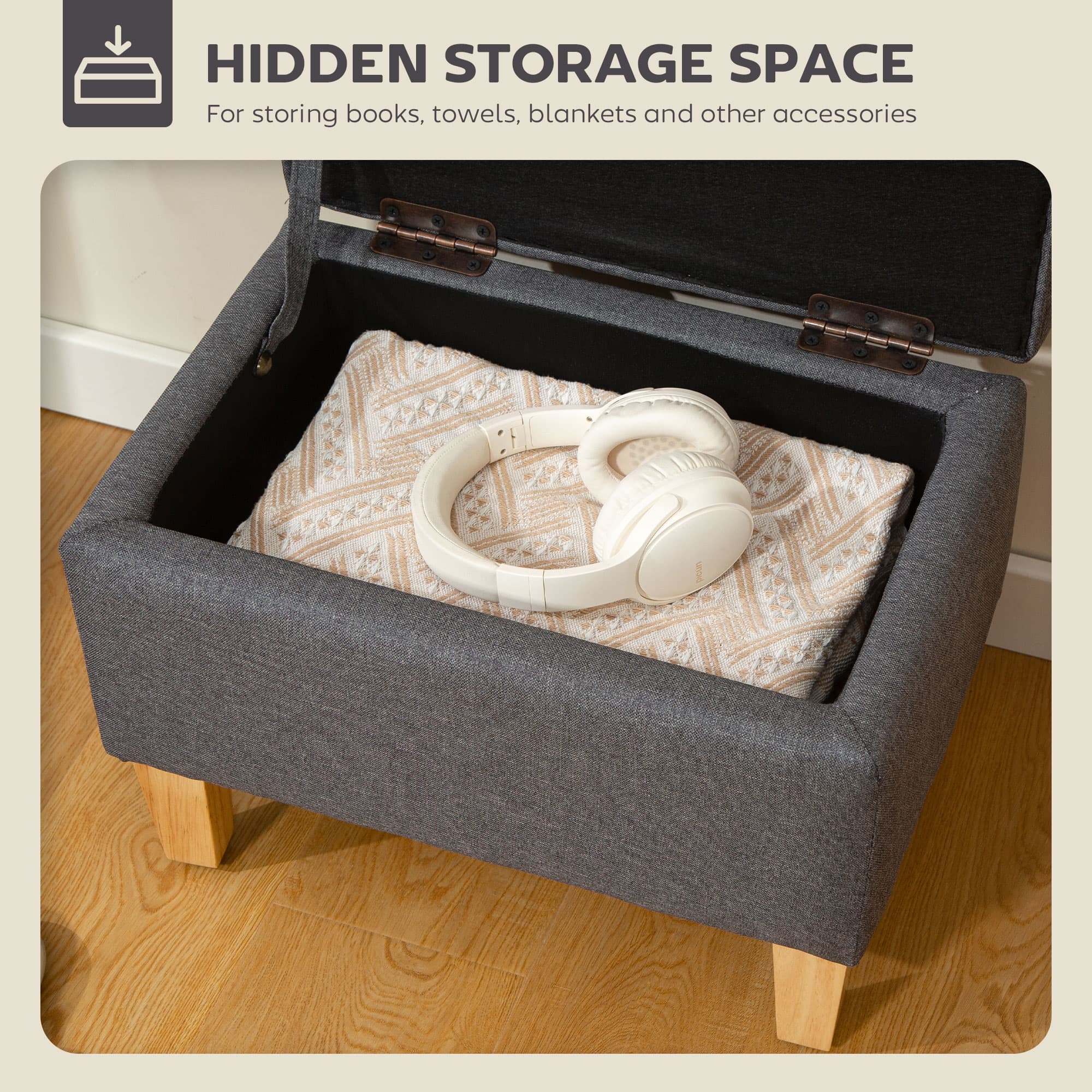 Charcoal Grey Linen-Look Storage Ottoman & Padded Footstool - image 3