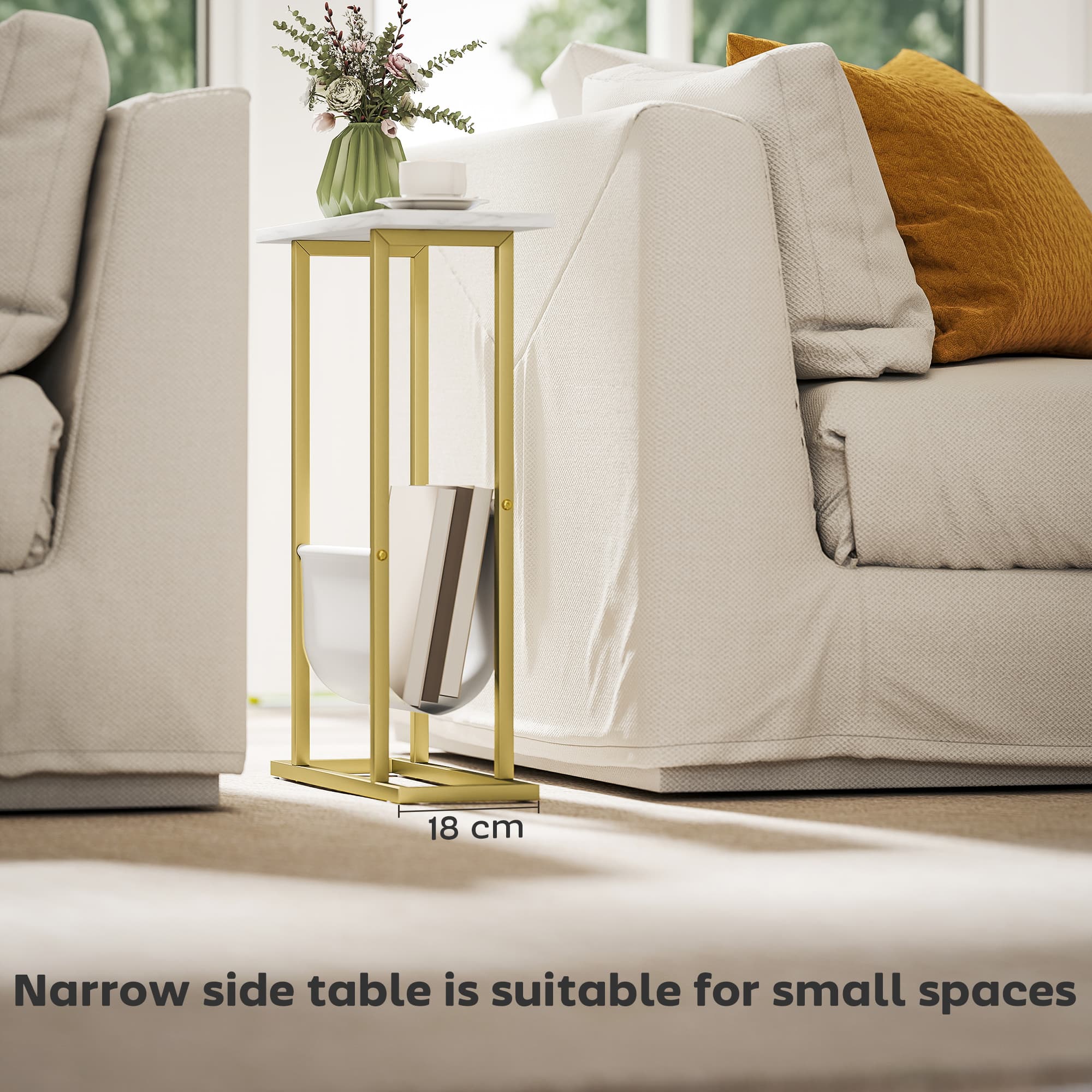 Slim Side Table with Marble Top, Gold Frame and Magazine Holder - image 10