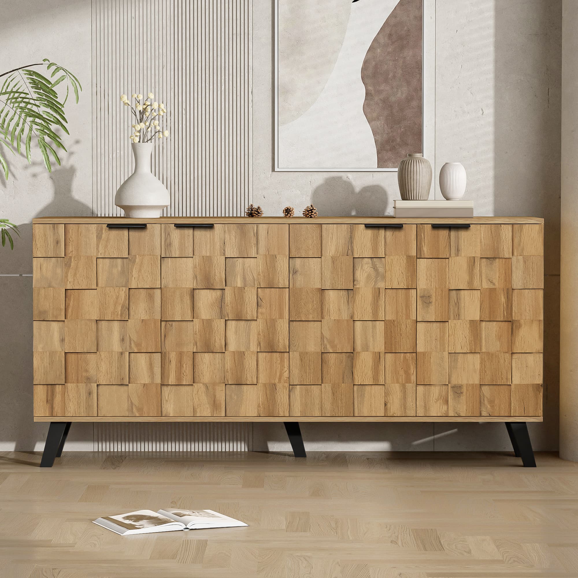 150 cm Sideboard with Textured 4-Door Front and Oak Finish - image 7