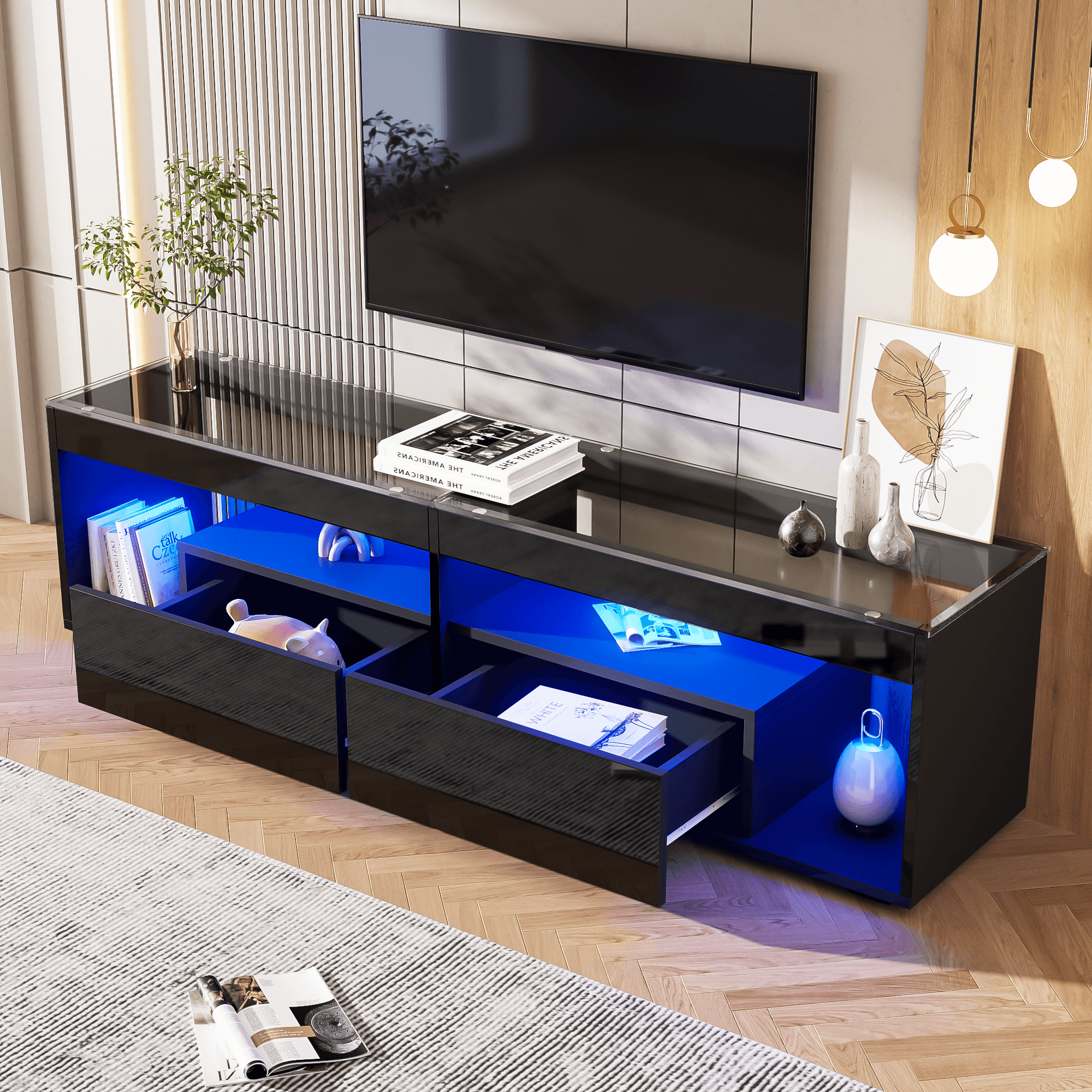 Modern High Gloss TV Cabinet with LEDs & Glass Top - image 3