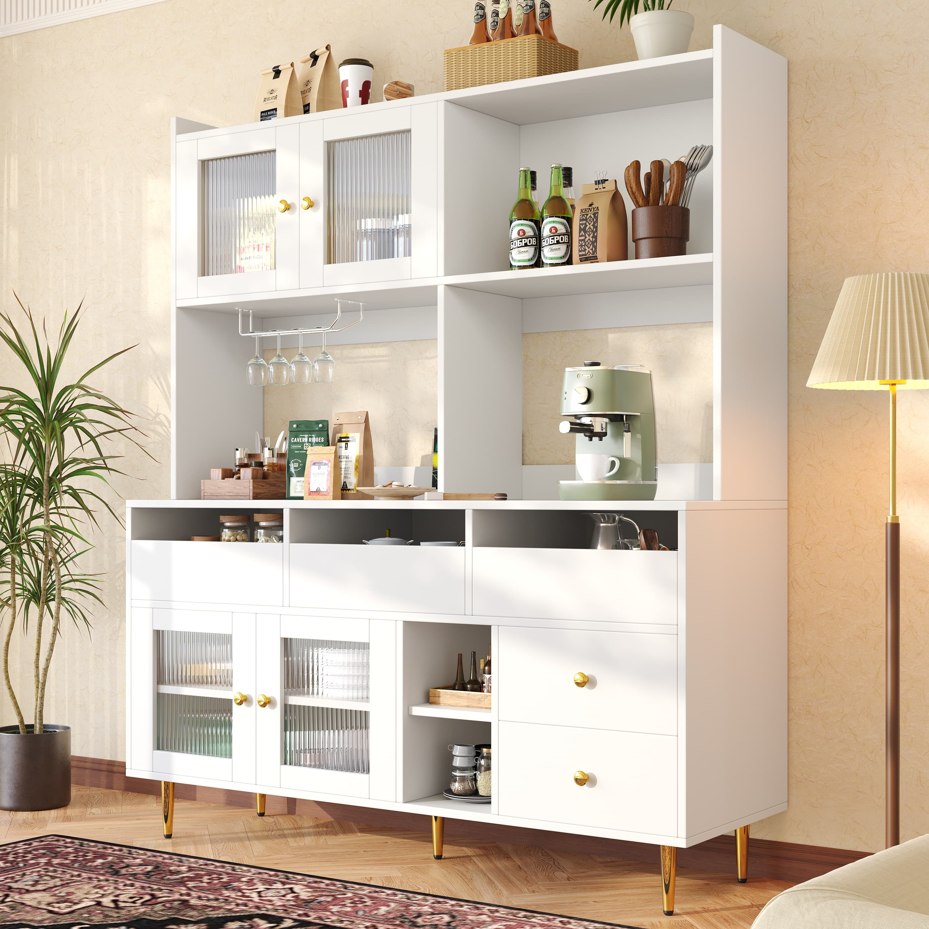 Modern White & Gold Storage Cabinet with Fluted Glass Doors - image 4