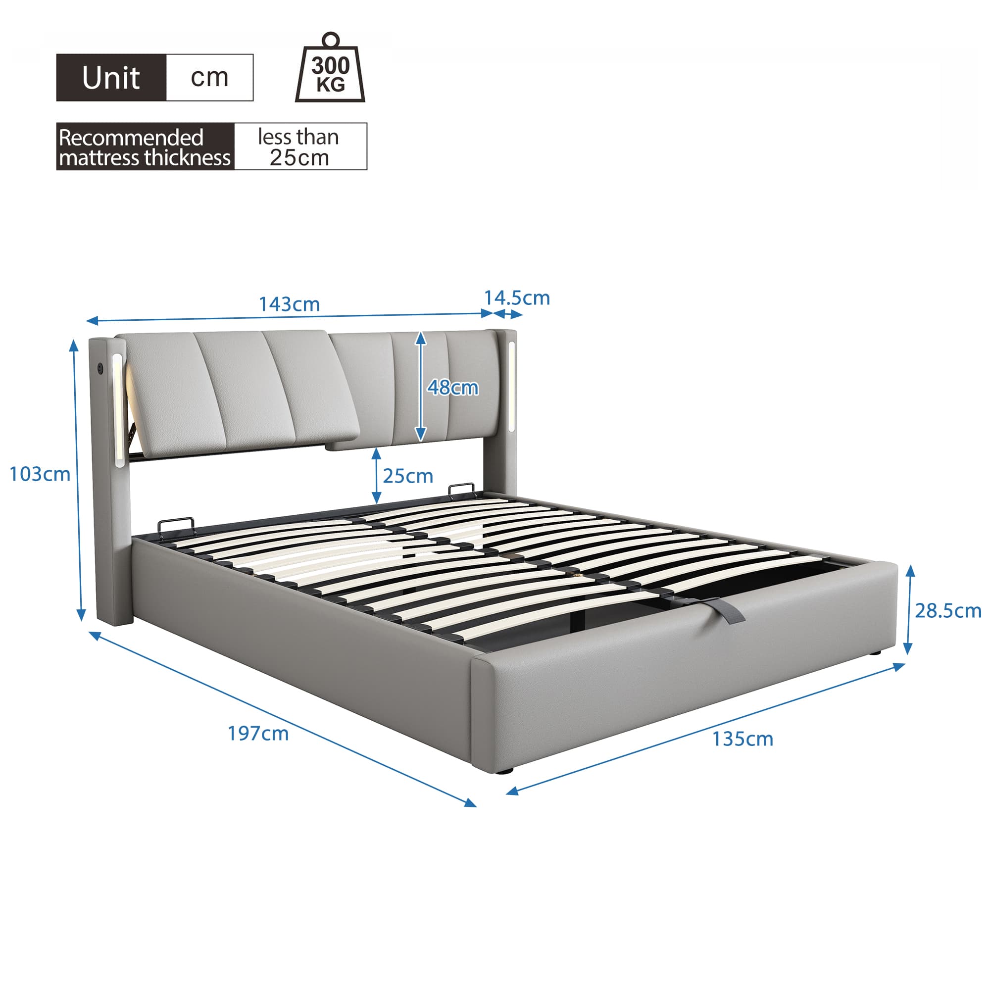 Smart Upholstered Bed with Storage, LEDs & USB Ports - image 6