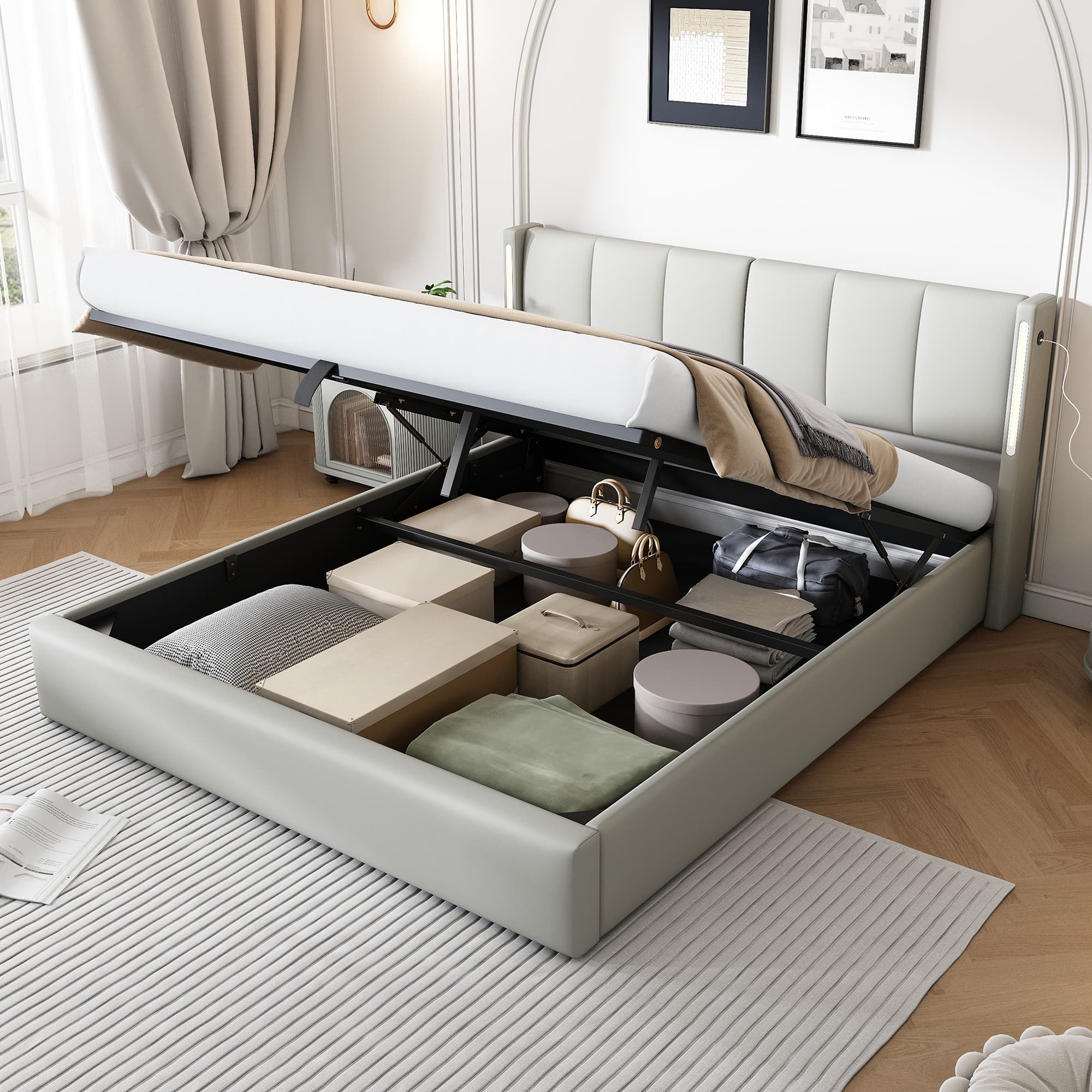 Smart Upholstered Bed with Storage, LEDs & USB Ports - image 3