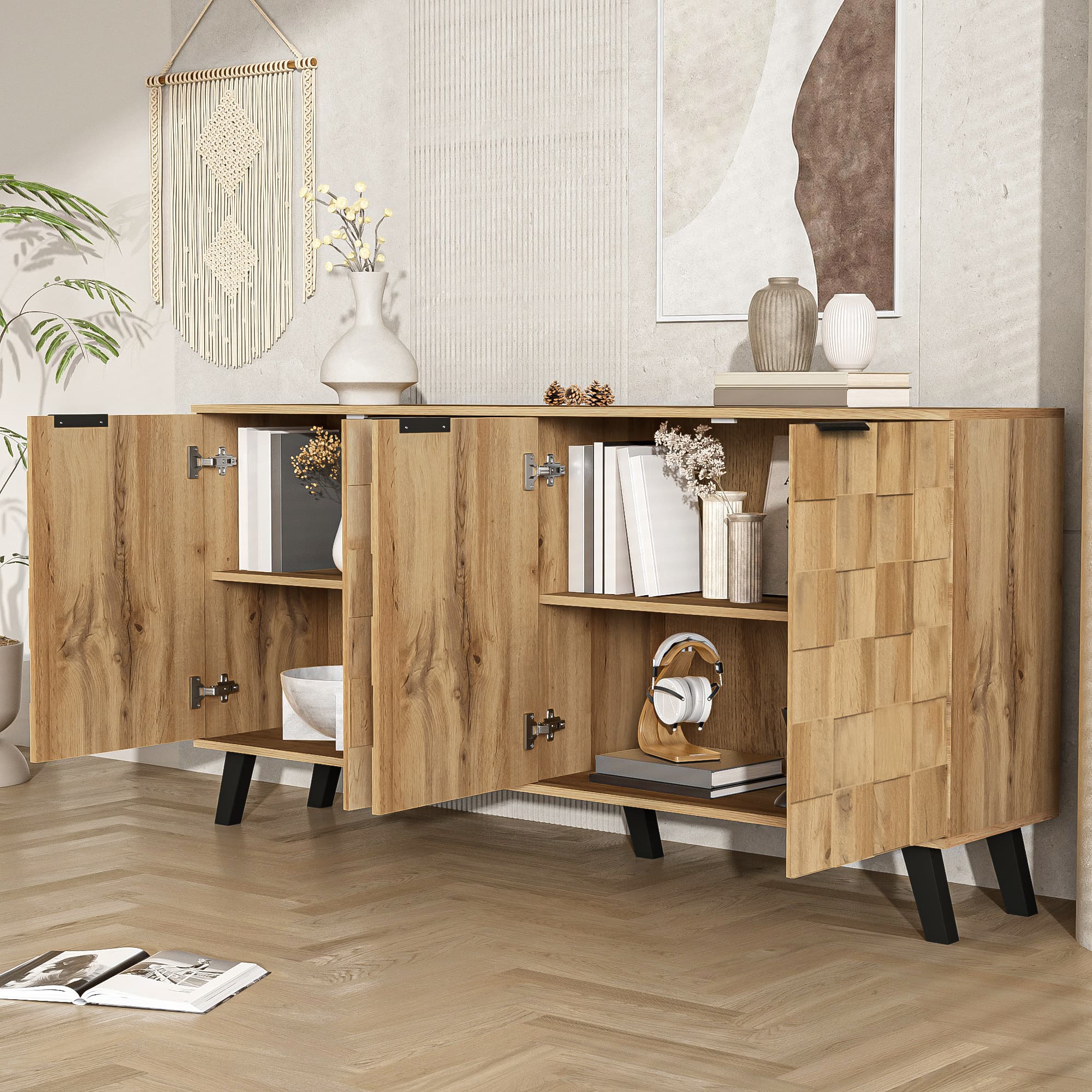 150 cm Sideboard with Textured 4-Door Front and Oak Finish - image 8