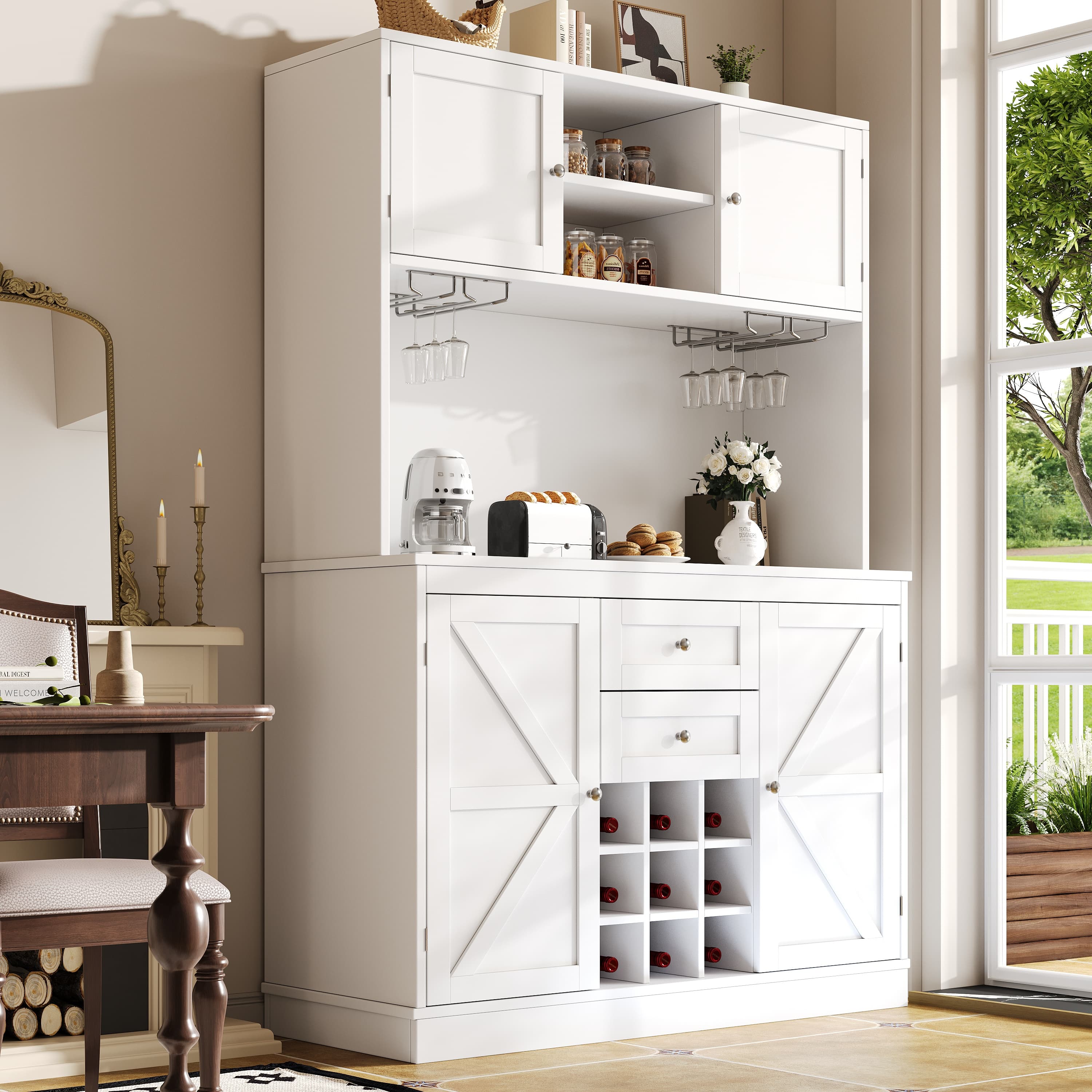 Elegant Tall Kitchen Cabinet with Wine Rack & Storage