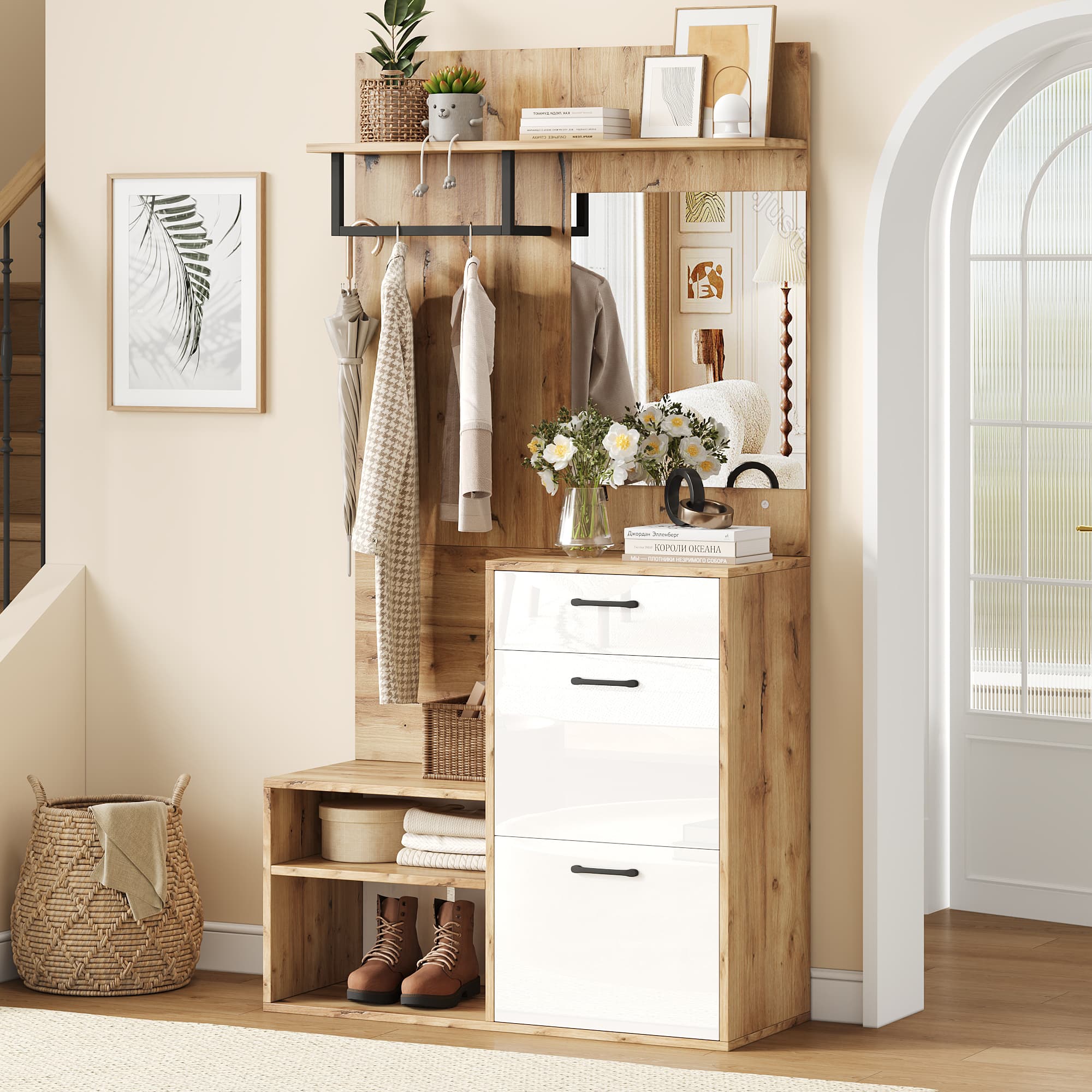 7-in-1 Hallway Storage Unit with Bench, Coat Rack and Mirror - image 3