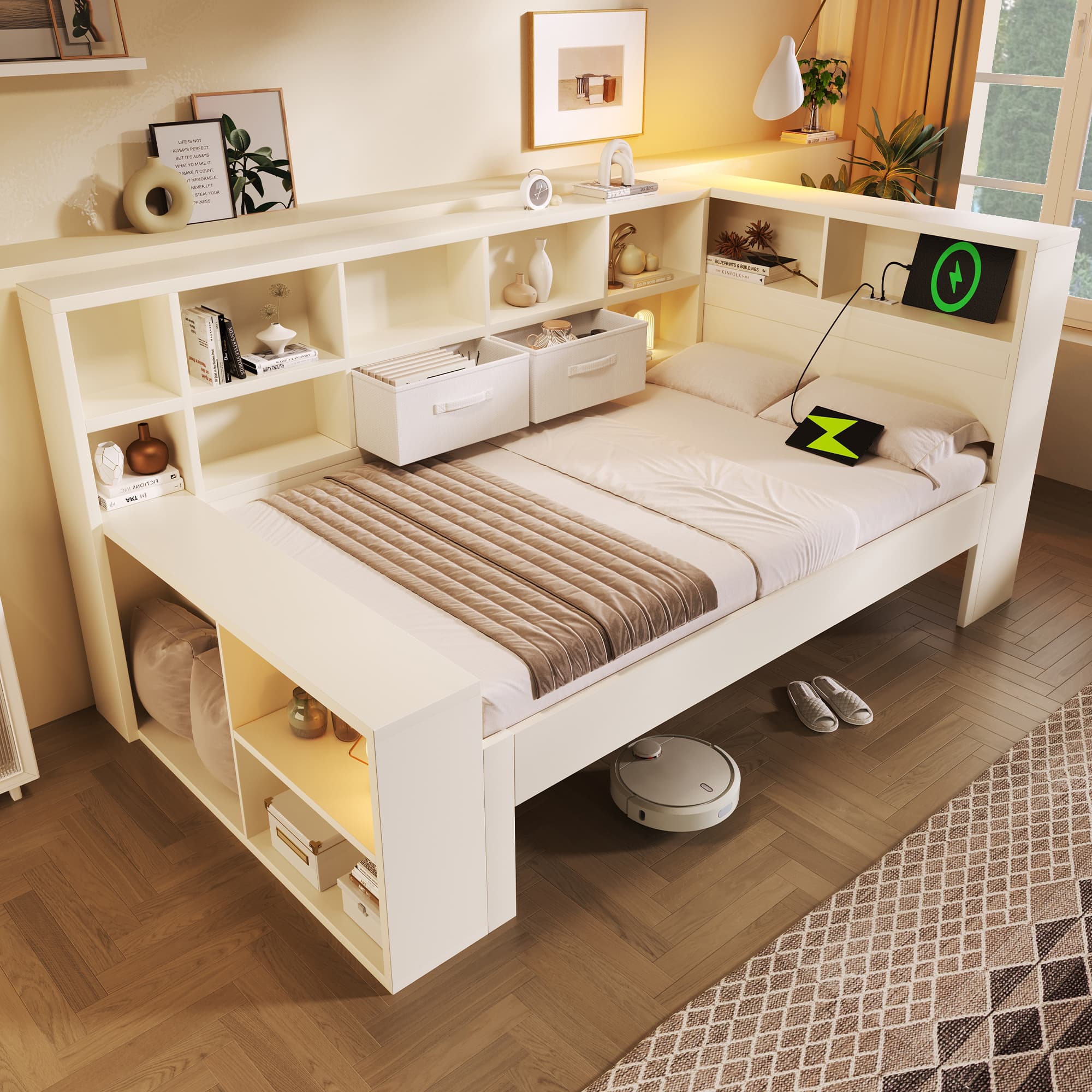 White Single Storage Bed with Bookcase Headboard & USB-C Port - White