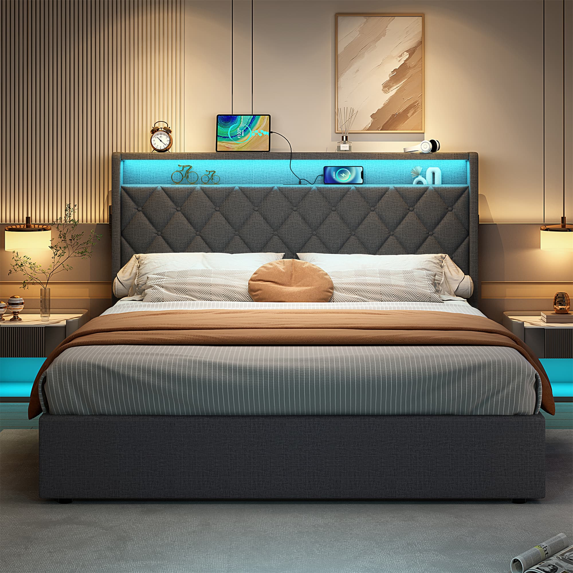 Grey Linen King Size (5ft) Ottoman Bed with Storage, LED Lights & USB Charging Station - image 3