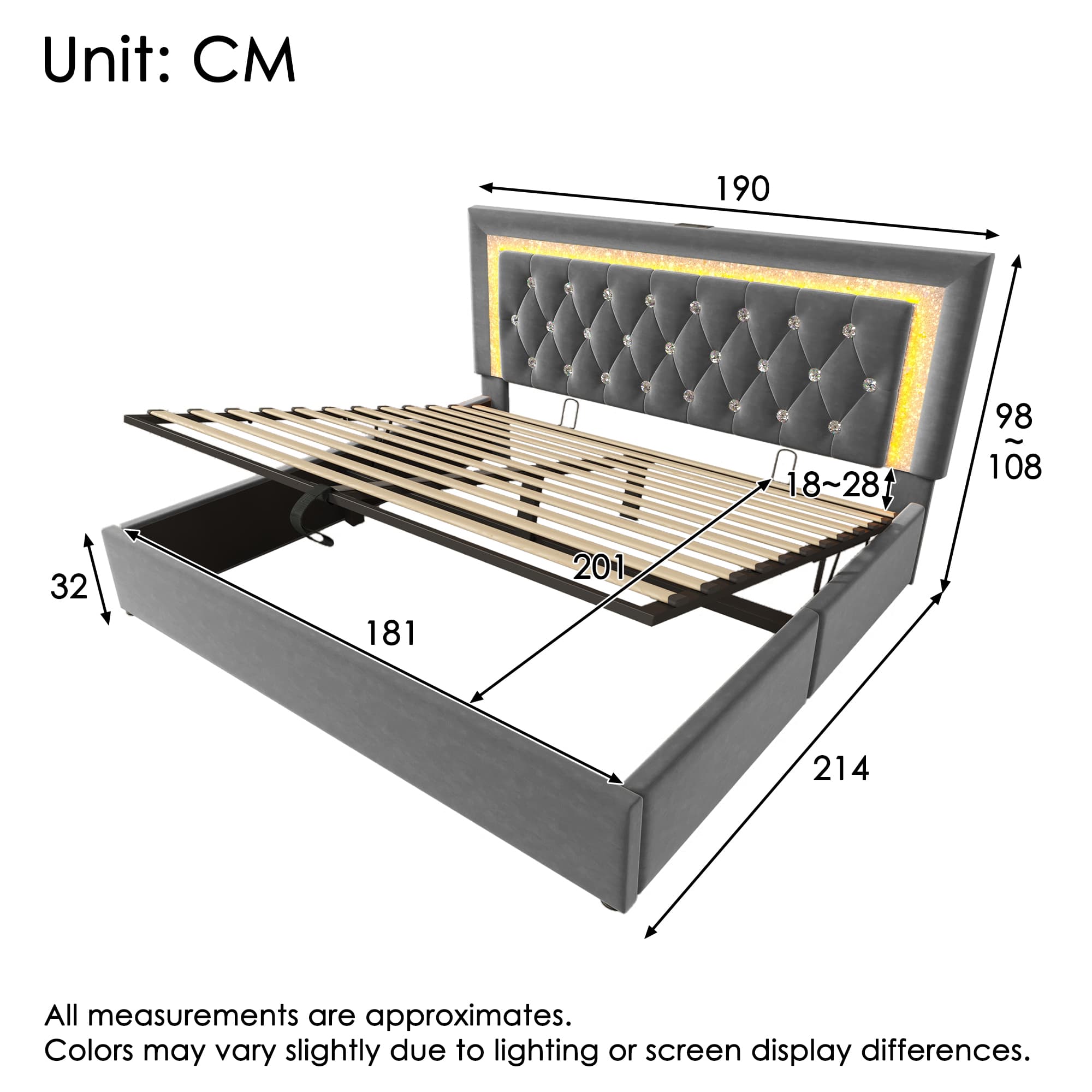 Grey Velvet Super King Ottoman Storage Bed with LED Headboard - image 4