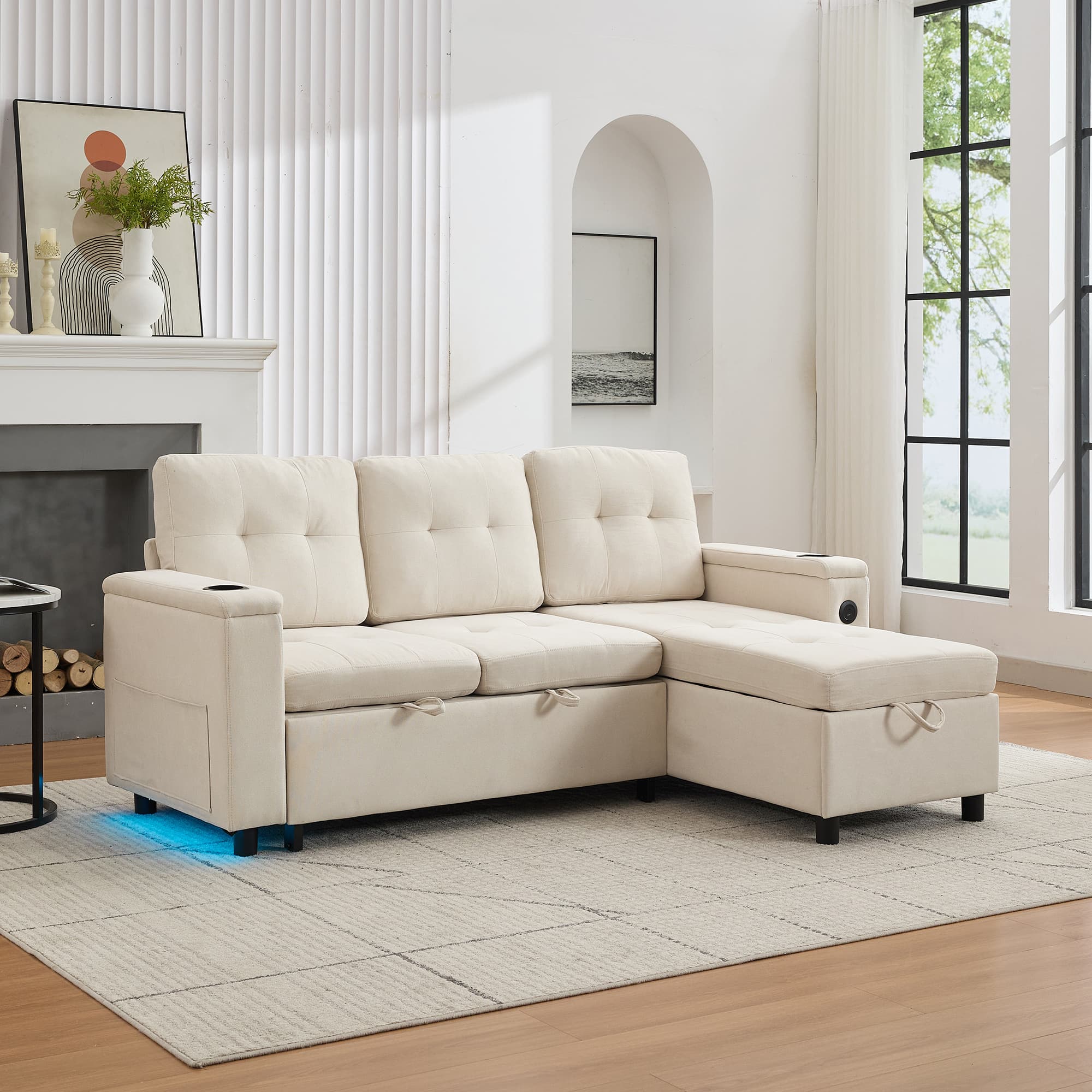 3 Seater L-Shaped Sofa Bed in Beige Fabric with Storage and USB Ports - image 5