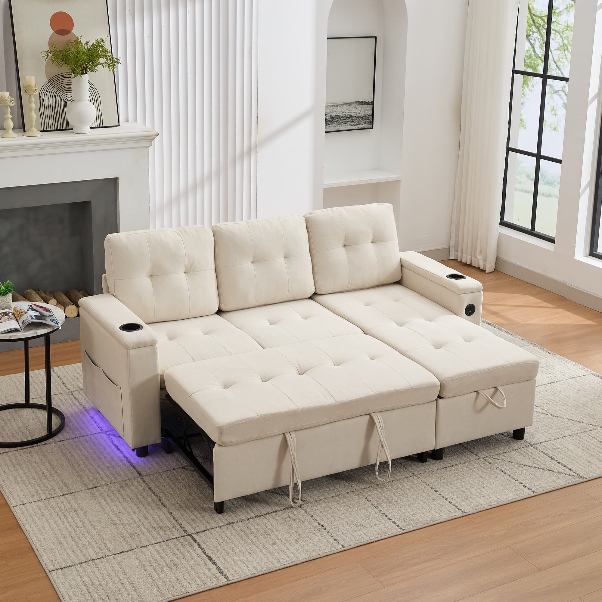 3 Seater L-Shaped Sofa Bed in Beige Fabric with Storage and USB Ports