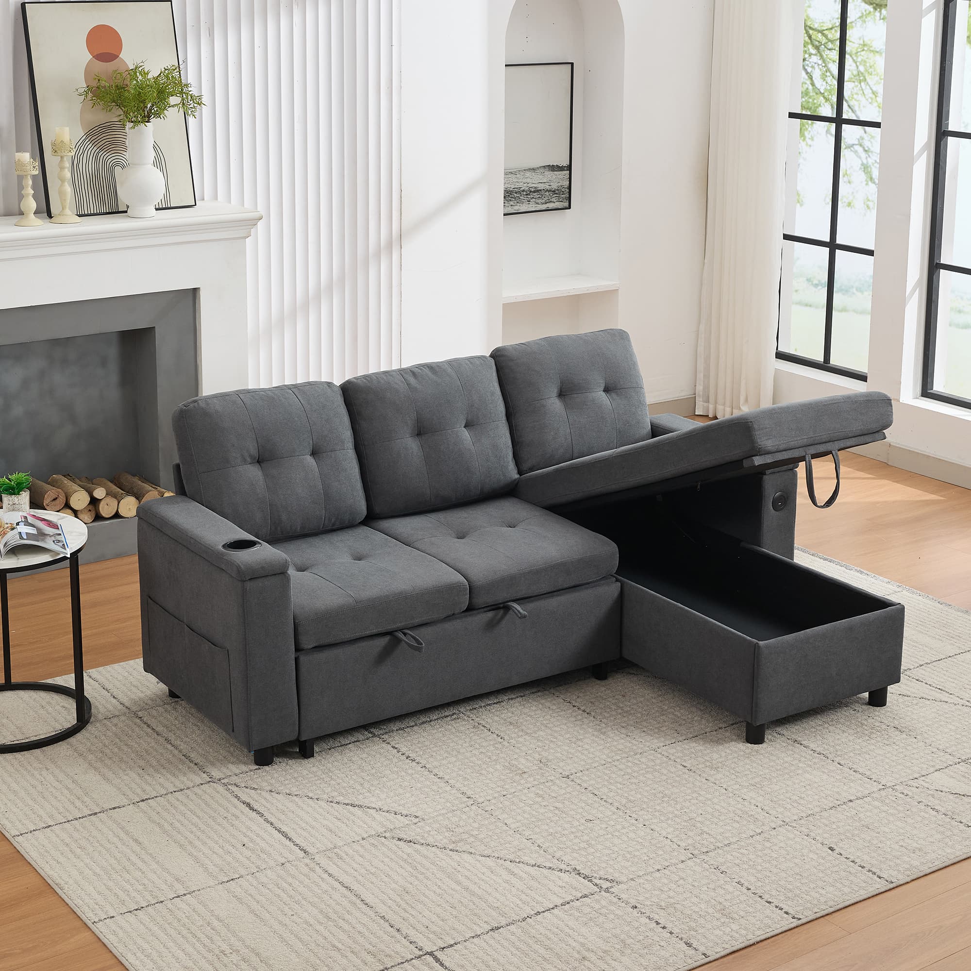 Grey 3-Seater L-Shaped Sofa Bed with Storage, USB Ports & LED - image 4