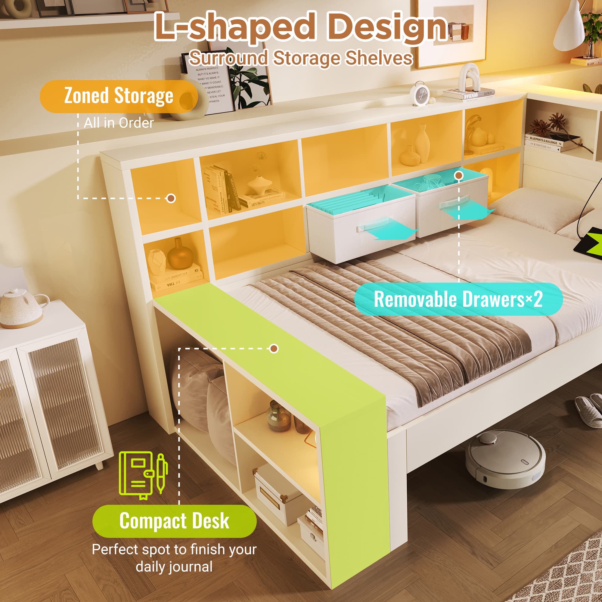 White Single Storage Bed with Bookcase Headboard & USB-C Port - image 4