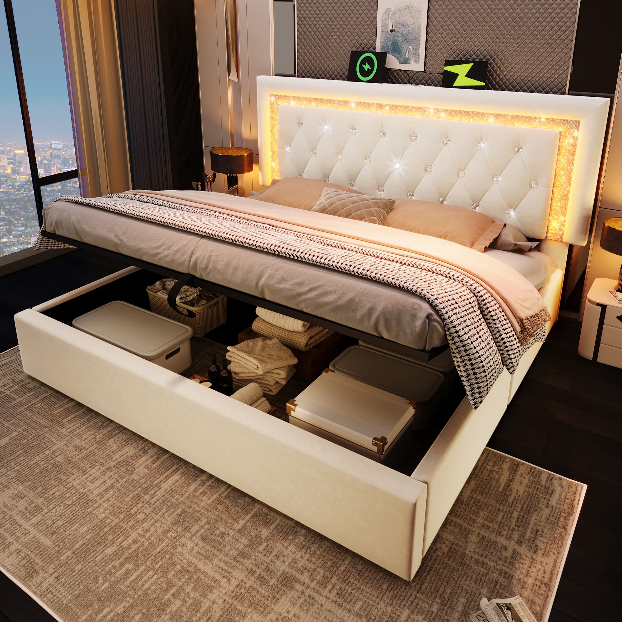 King Size (150x200cm) Velvet Ottoman Bed with Storage, LED Lights and USB-C Ports