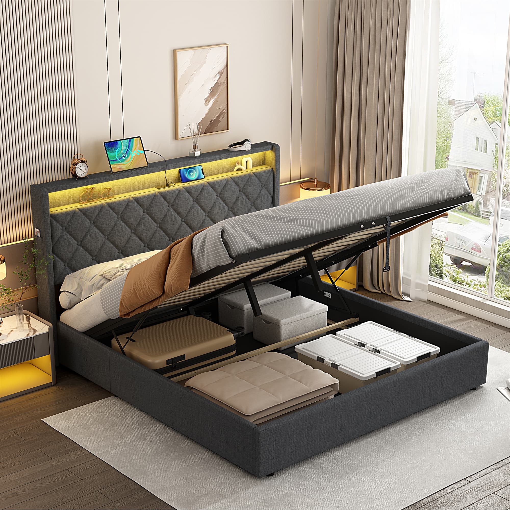 Grey Linen King Size (5ft) Ottoman Bed with Storage, LED Lights & USB Charging Station - image 4