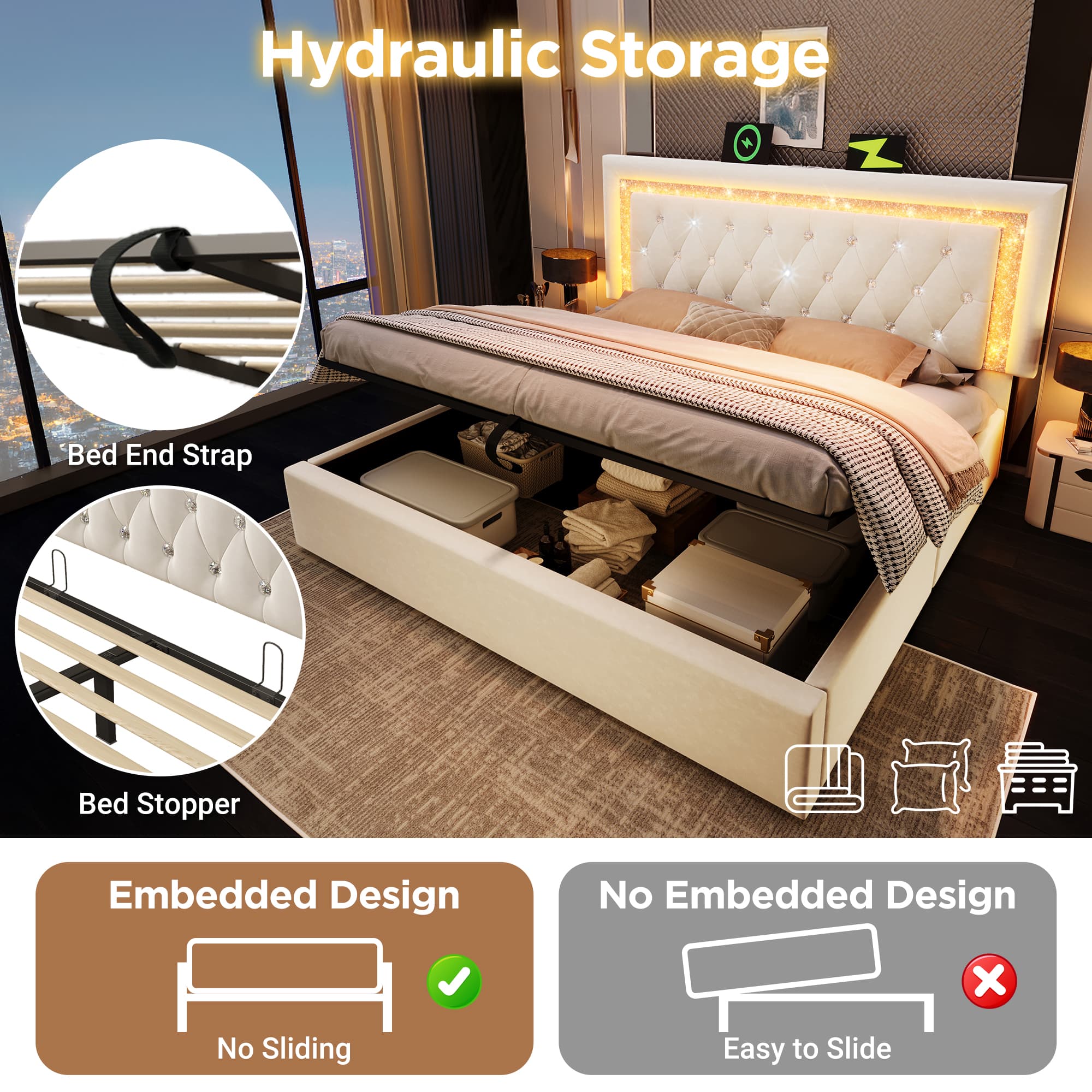 King Size (150x200cm) Velvet Ottoman Bed with Storage, LED Lights and USB-C Ports - image 5