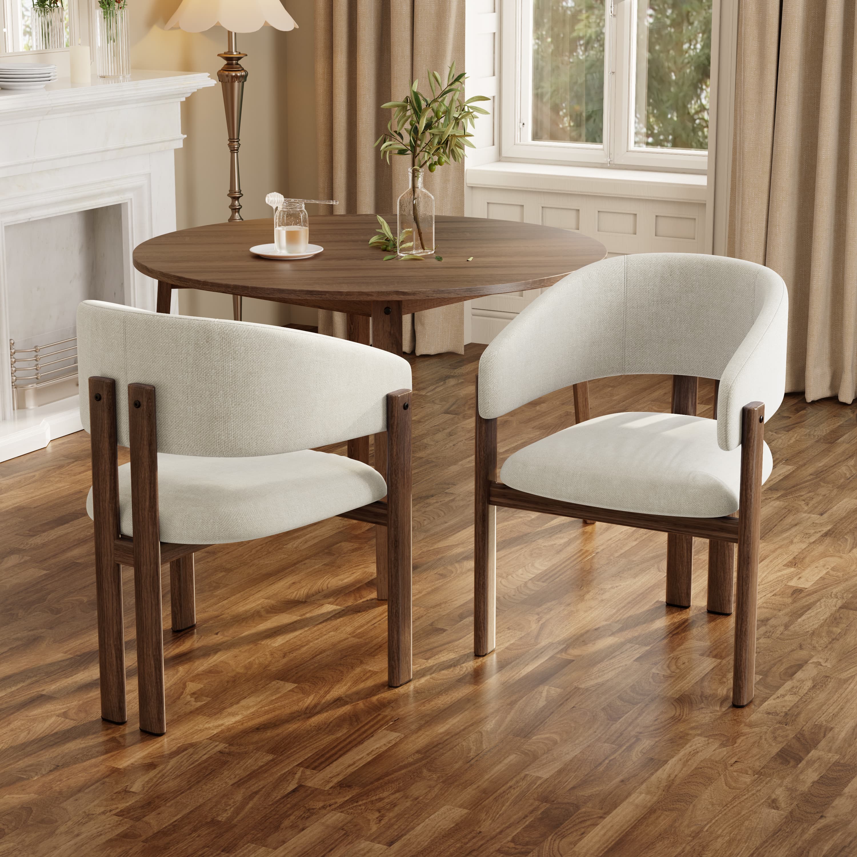 Set of 4 Upholstered Dining Chairs in Beige Linen & Walnut-Effect - image 3