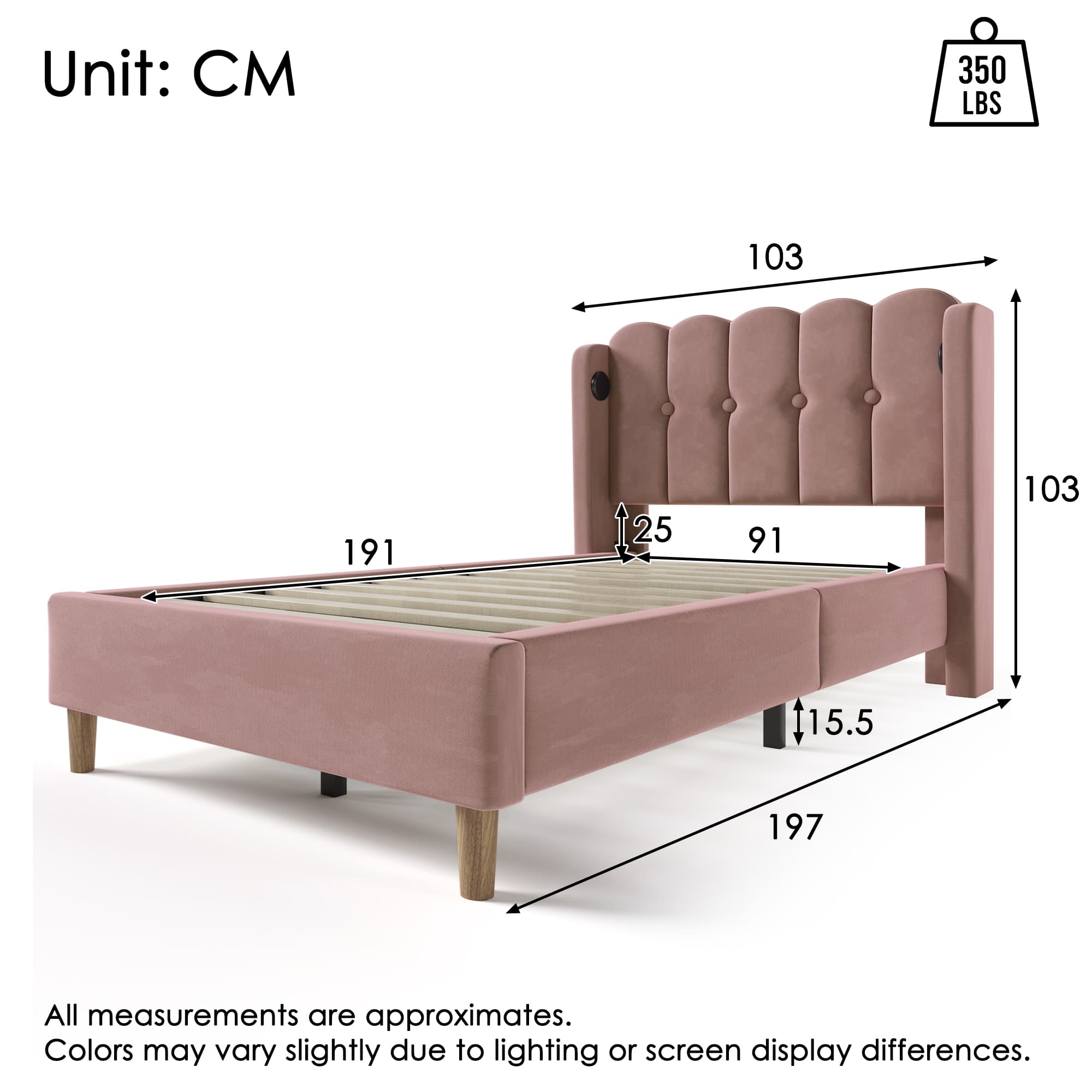 Upholstered Pink Velvet Single Bed with Built-in Charging Ports - image 1