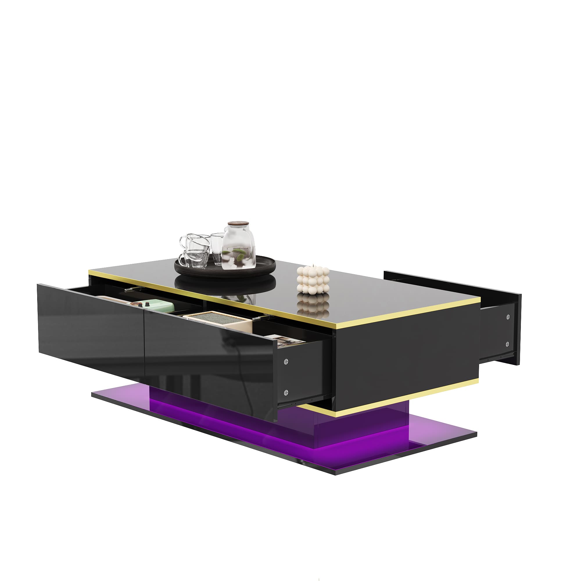 High Gloss LED Coffee Table in Black with Gold Accents and Storage
