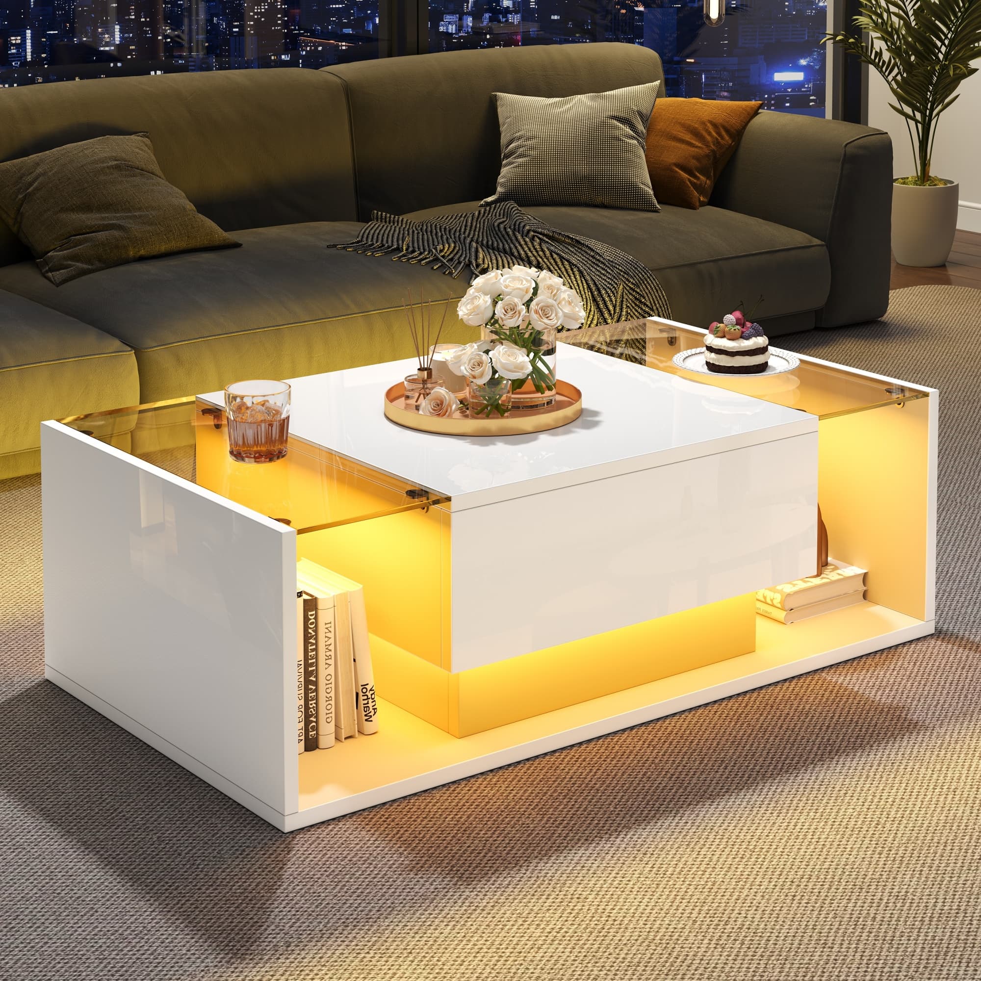 Modern High Gloss White Coffee Table with App-Controlled LEDs - image 2