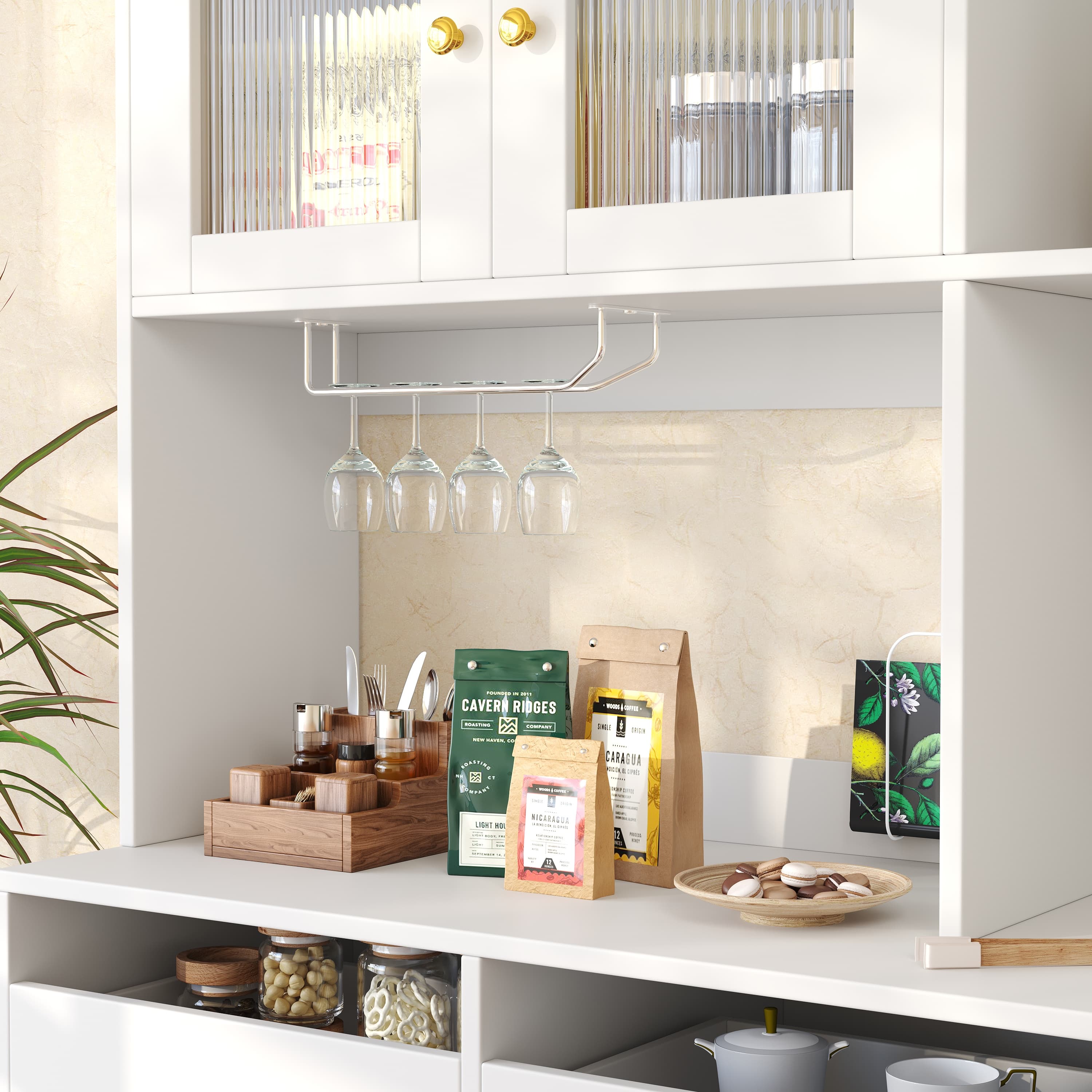 Tall White and Gold Storage Cabinet with Reeded Glass Doors - image 5