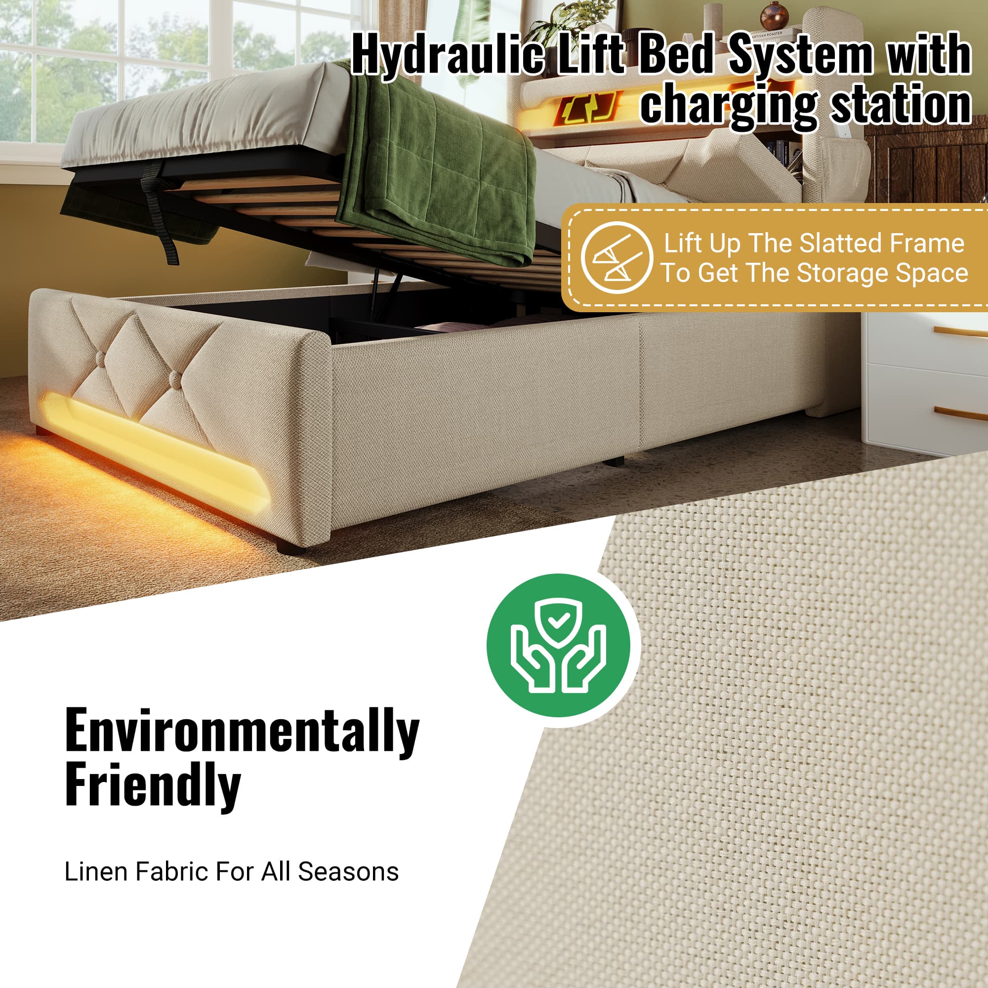 King Size Upholstered Ottoman Bed (150x200cm) with LED Lighting and USB Charging - image 1