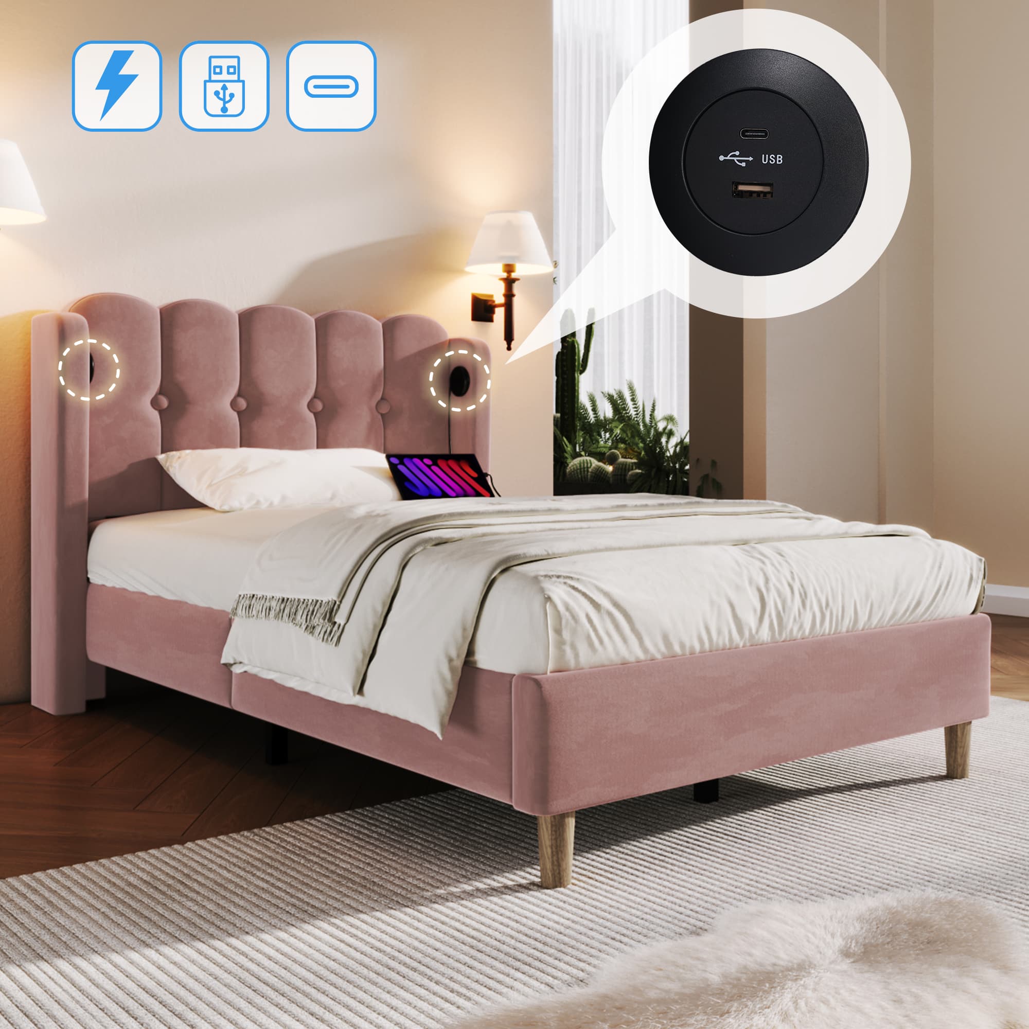 Upholstered Pink Velvet Single Bed with Built-in Charging Ports - image 5