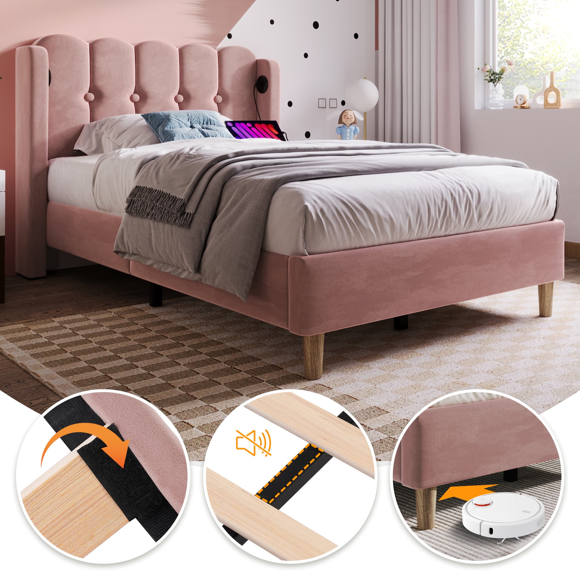 Upholstered Pink Velvet Single Bed with Built-in Charging Ports - image 3