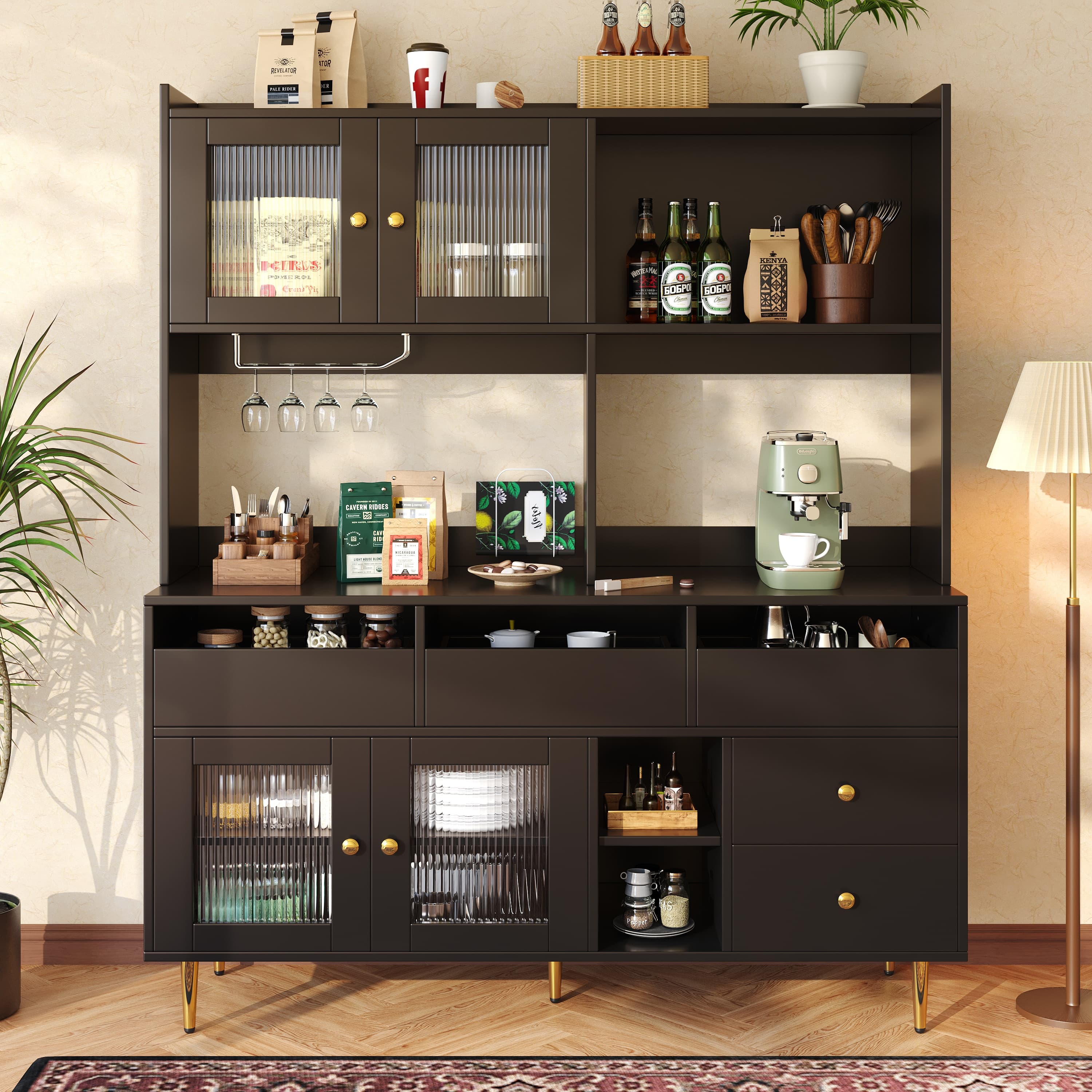 Contemporary Black and Gold Highboard Cabinet