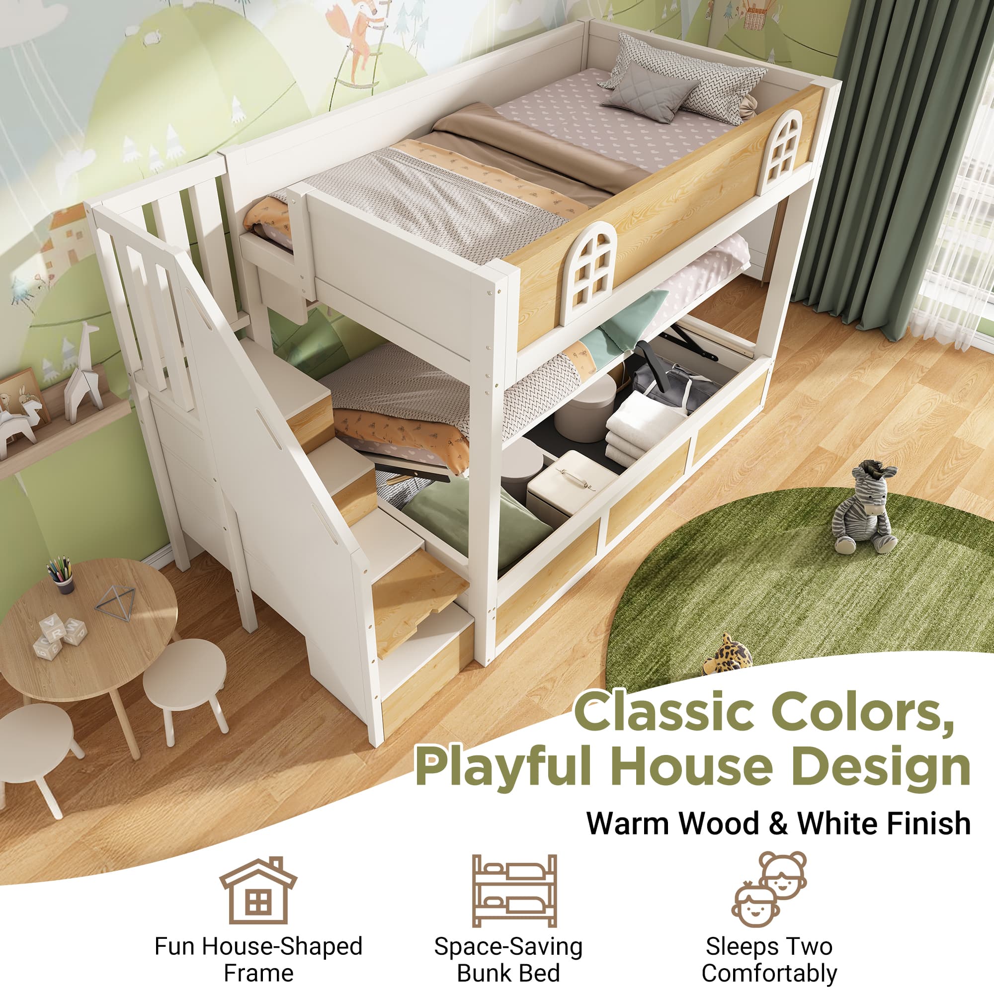 Kids Bunk Bed with Smart Storage Staircase and Hydraulic Lift - image 2