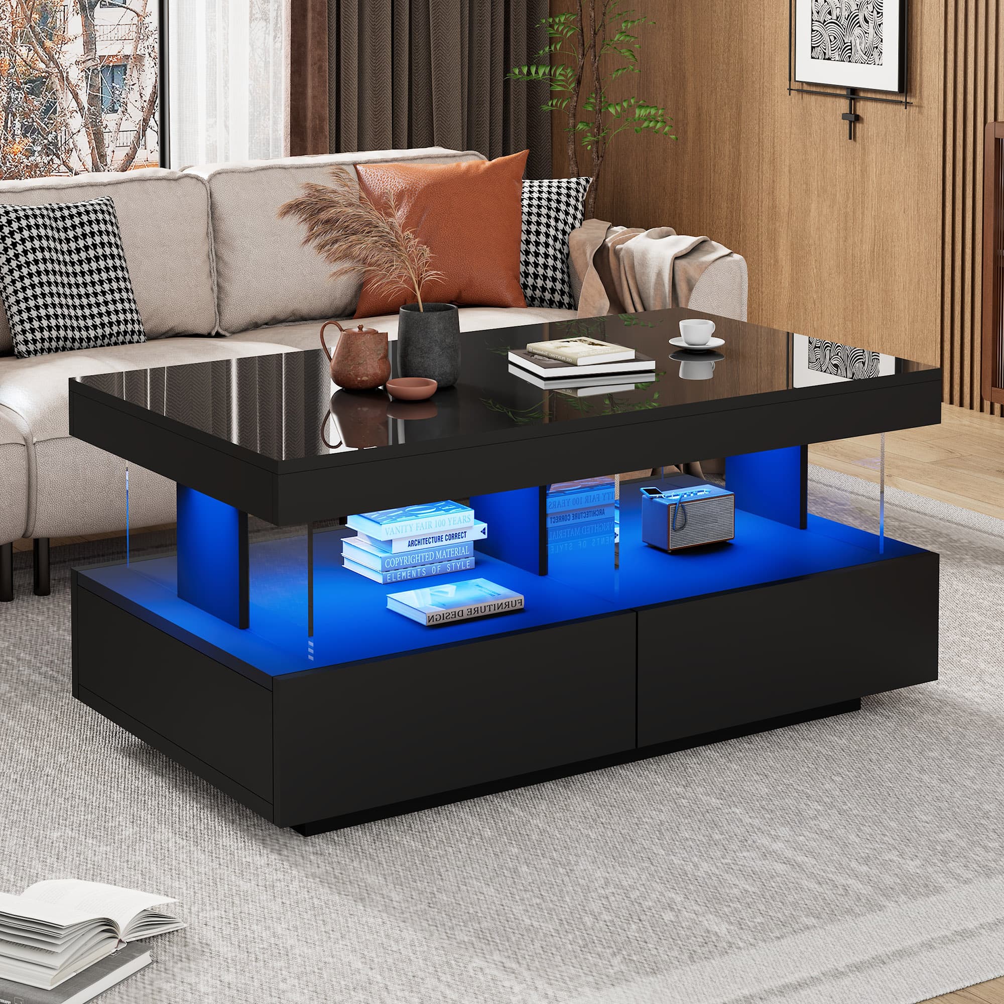 Modern High Gloss Black Coffee Table with LED Lighting and Storage